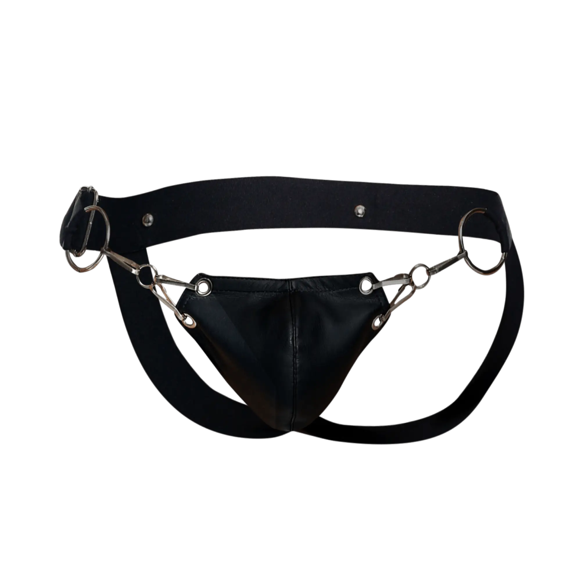 Black leather harness with metallic horsebit-style hardware from dngeon snap jockstrap product line