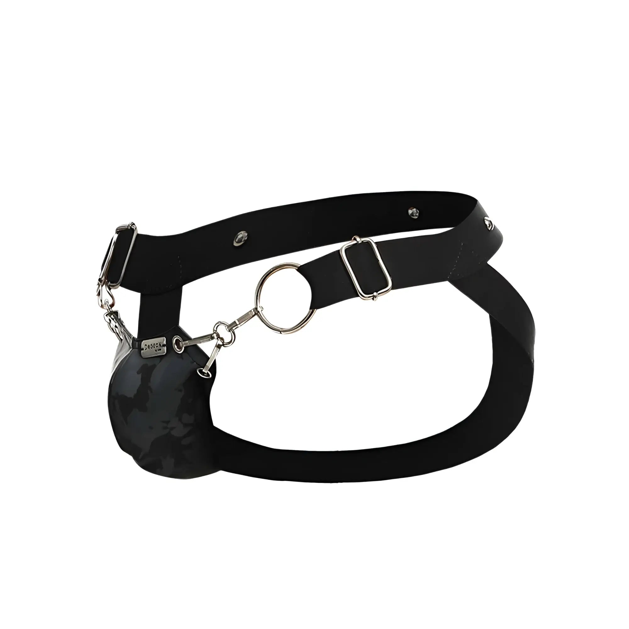 Black leather dngeon snap jockstrap with silver metal hardware and camouflage pouch attached by chains