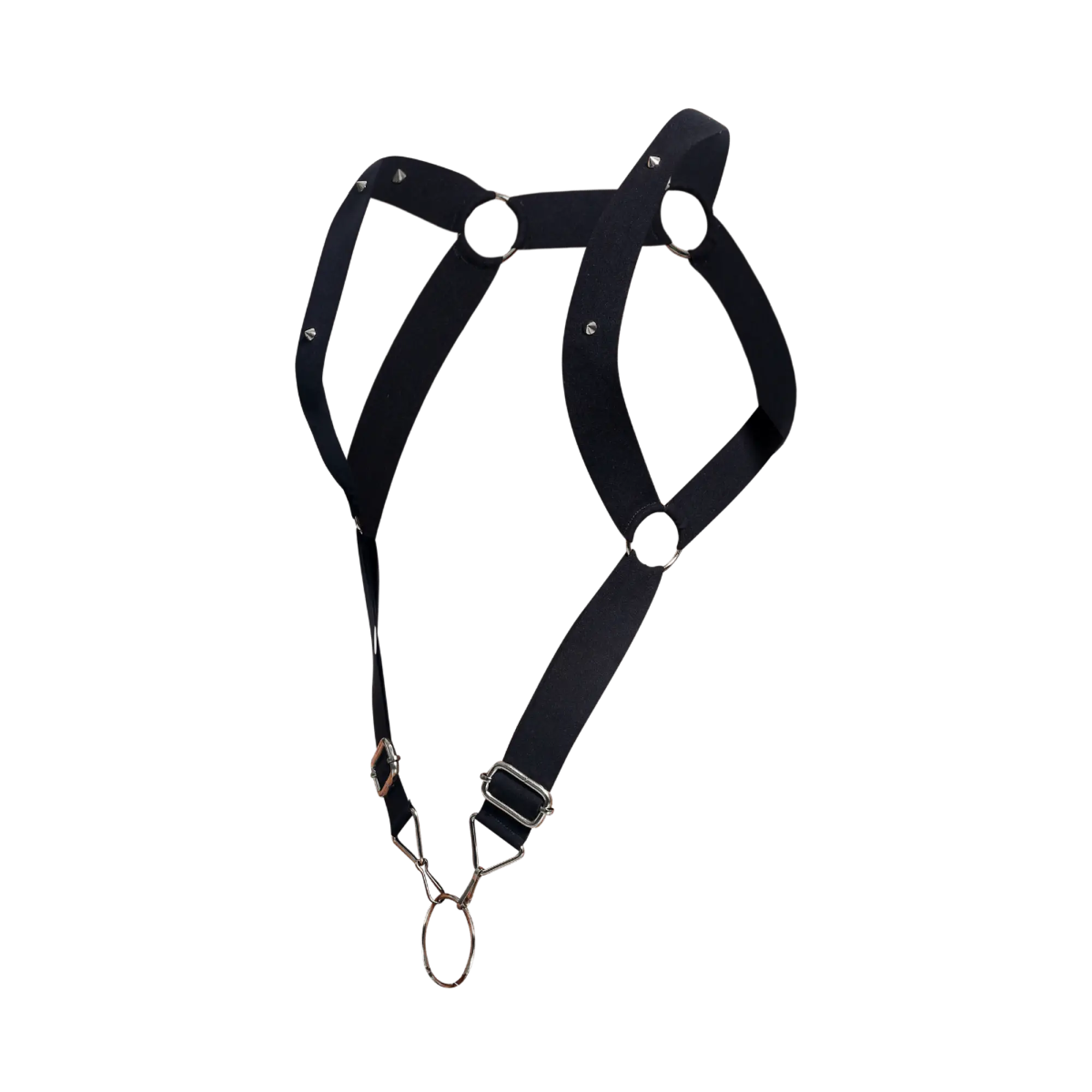 Black leather dngeon straight back harness with silver metal hardware and adjustable straps shown from the back side