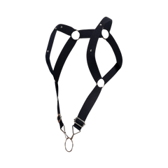 Black leather dngeon straight back harness with silver metal hardware and adjustable straps shown from the back side