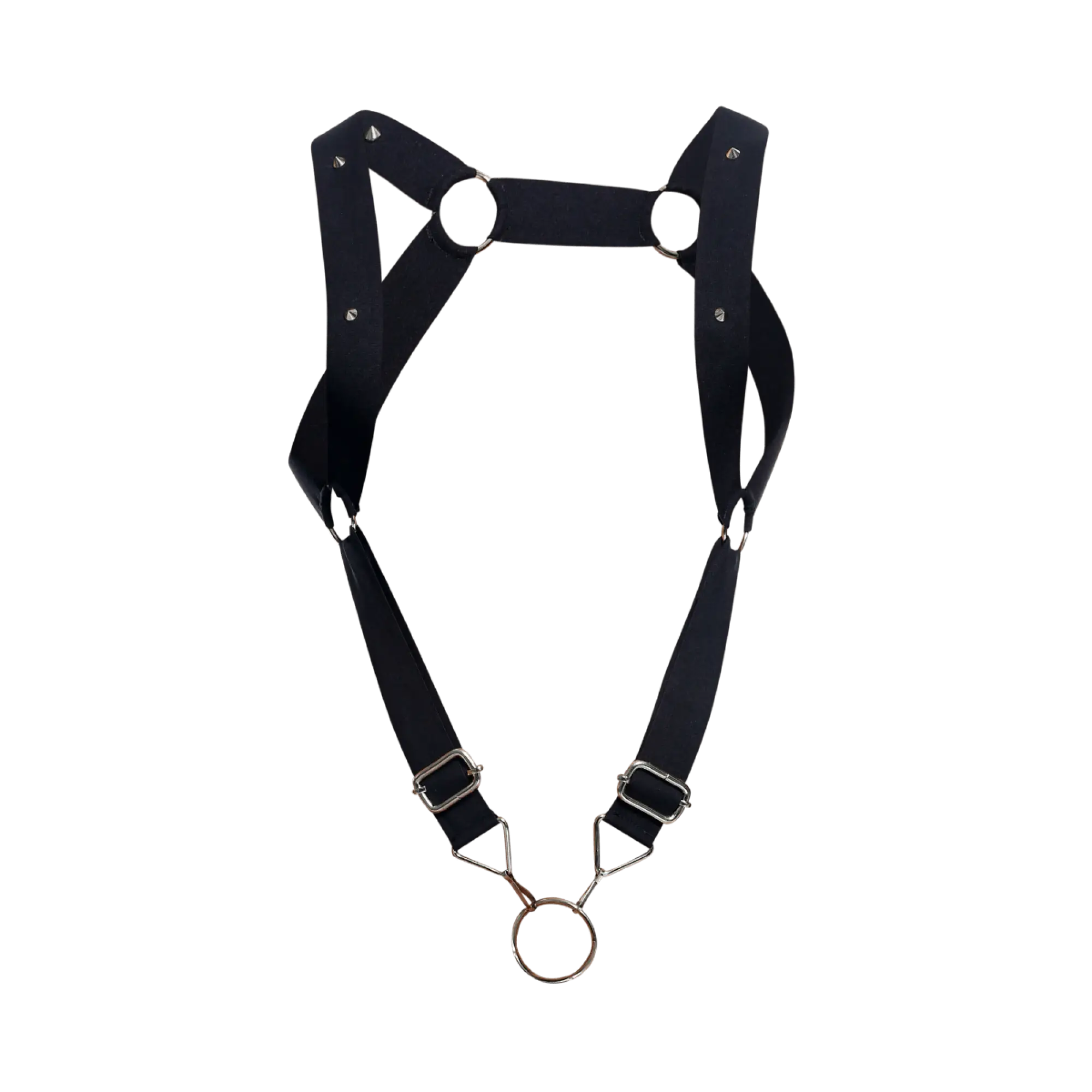Dngeon straight back harness black leather with silver metal hardware and central ring for edgy fashion looks