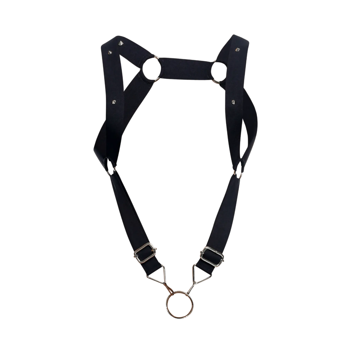 Dngeon straight back harness black leather with silver metal hardware and central ring for edgy fashion looks