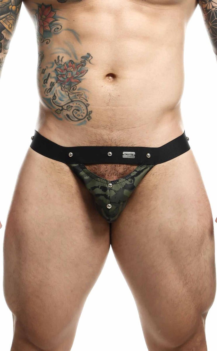 Dngeon peekaboo jockstrap camouflage thong with black elastic waistband and silver-toned metal studs back side view