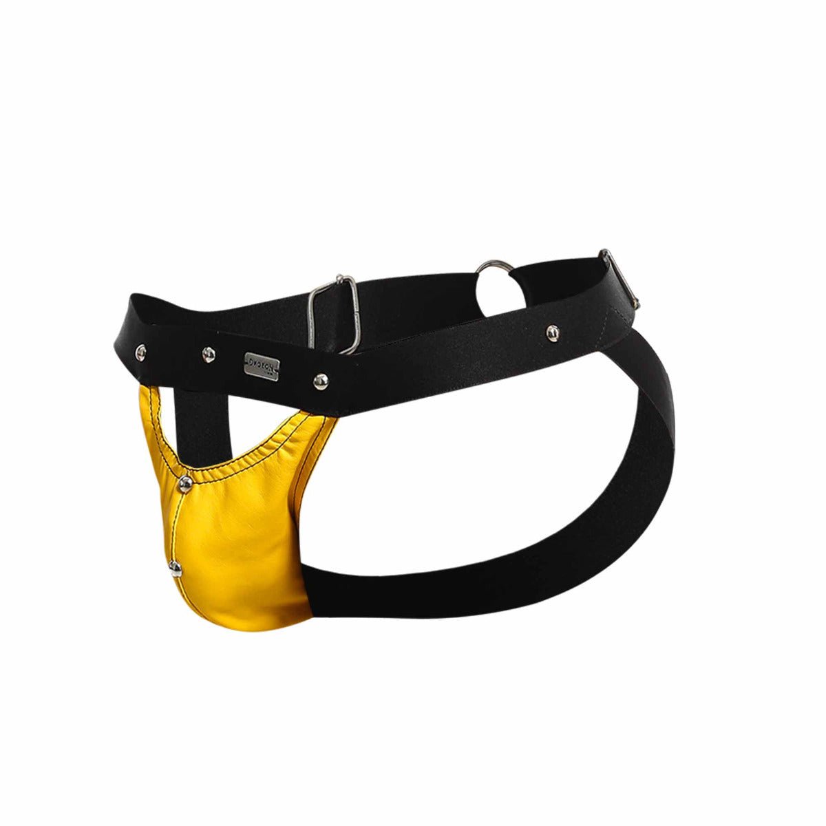 Black and gold leather dngeon peekaboo jockstrap with silver toned metal hardware front view