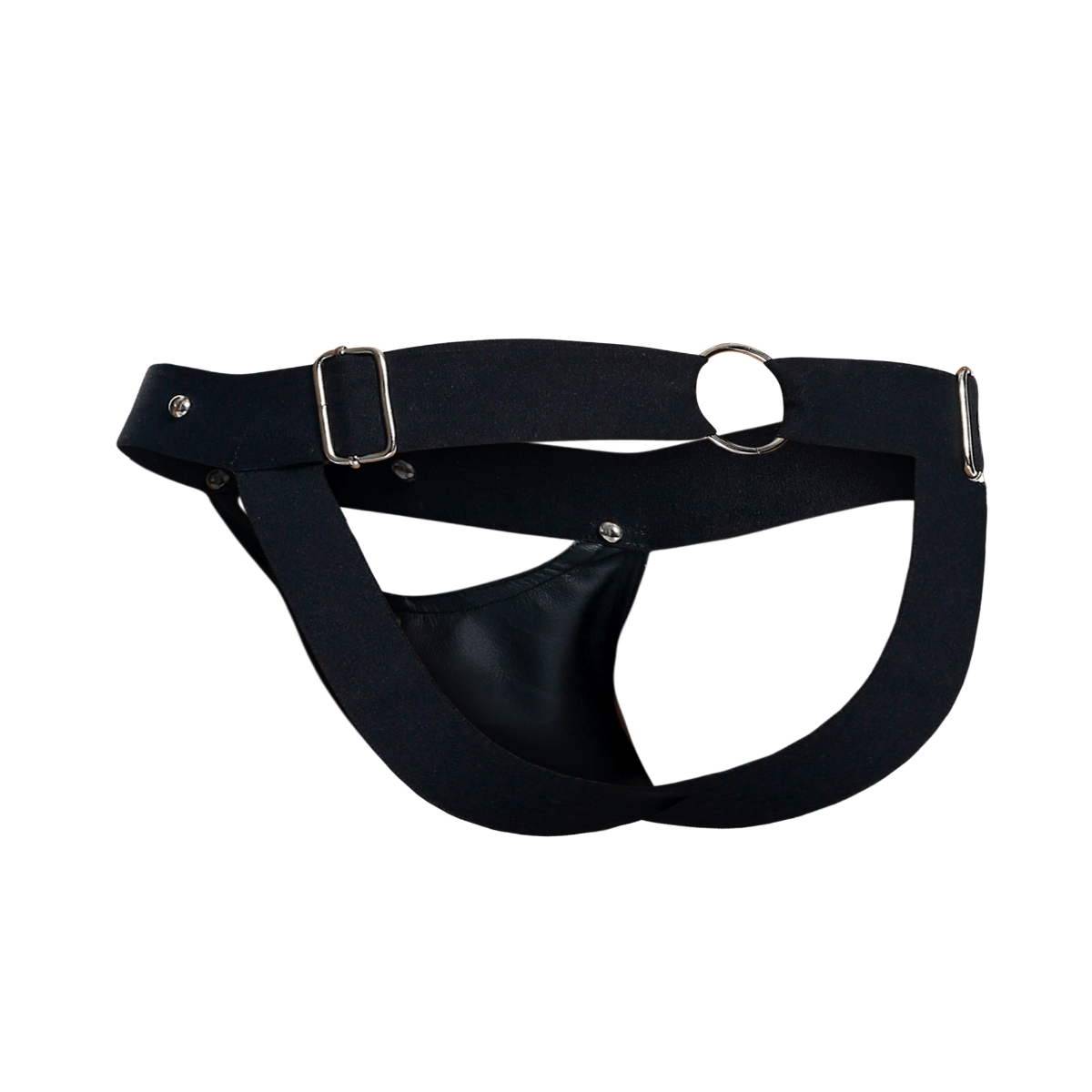 Black leather dngeon peekaboo jockstrap with silver metal buckles and hardware showing front design