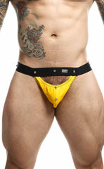 Yellow button-front briefs with black waistband and silver studs from DNGEON peekaboo jockstrap product line