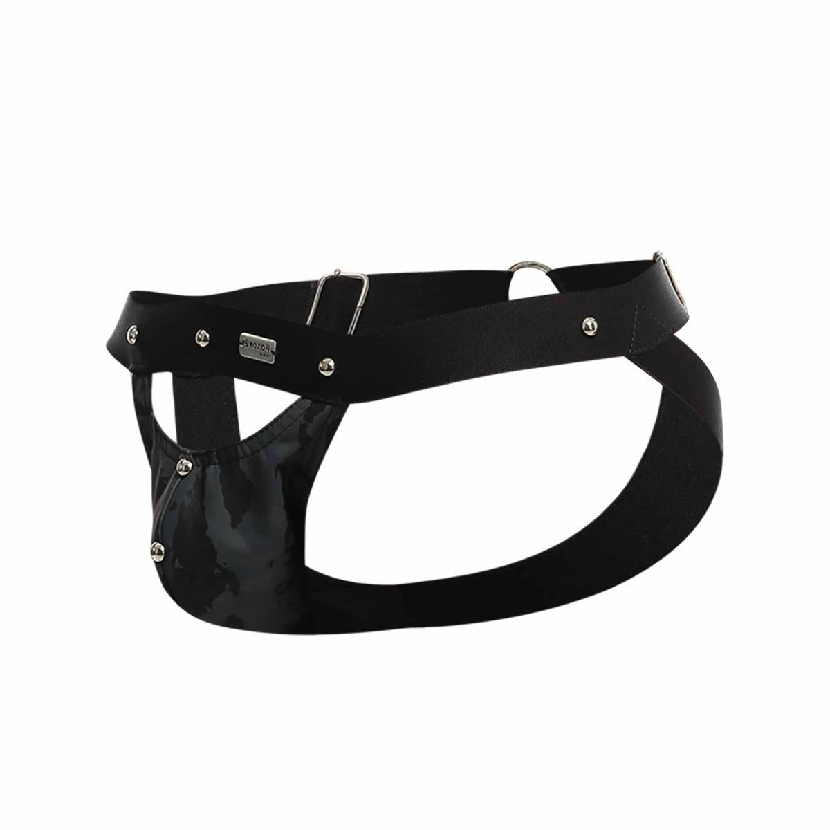 Dngeon peekaboo jockstrap in black patent leather with silver metal hardware and branded plaque visible on the back side