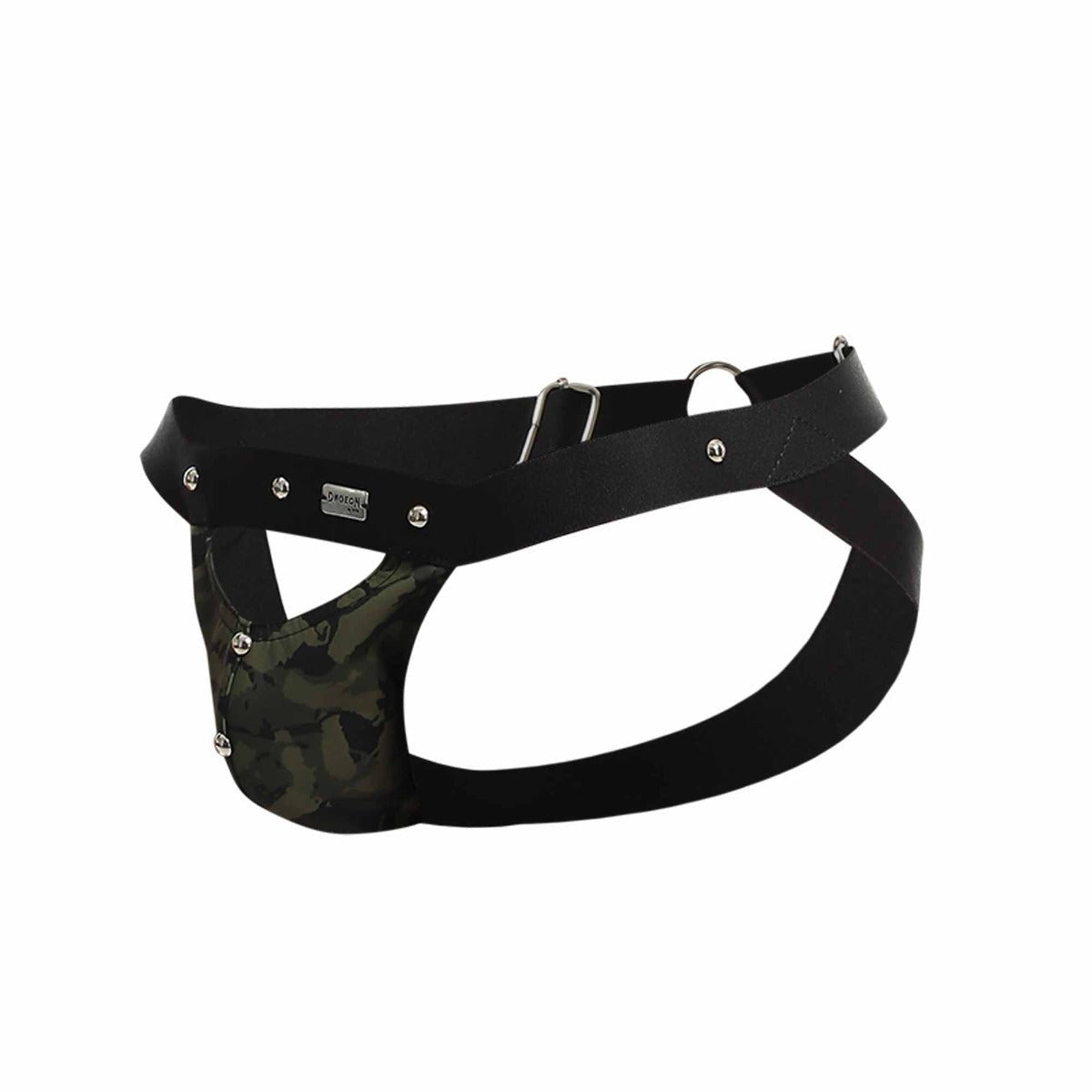 Black leather DNGEON Peekaboo jockstrap with camouflage front panel and silver-toned metal hardware