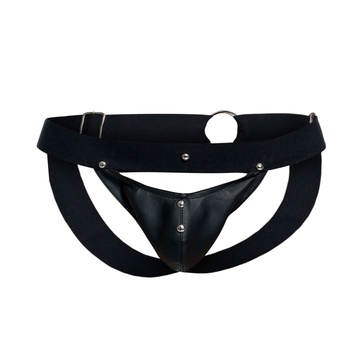 Black leather thong jockstrap by DNGEON with silver metal studs and a wide waistband shown from the back side