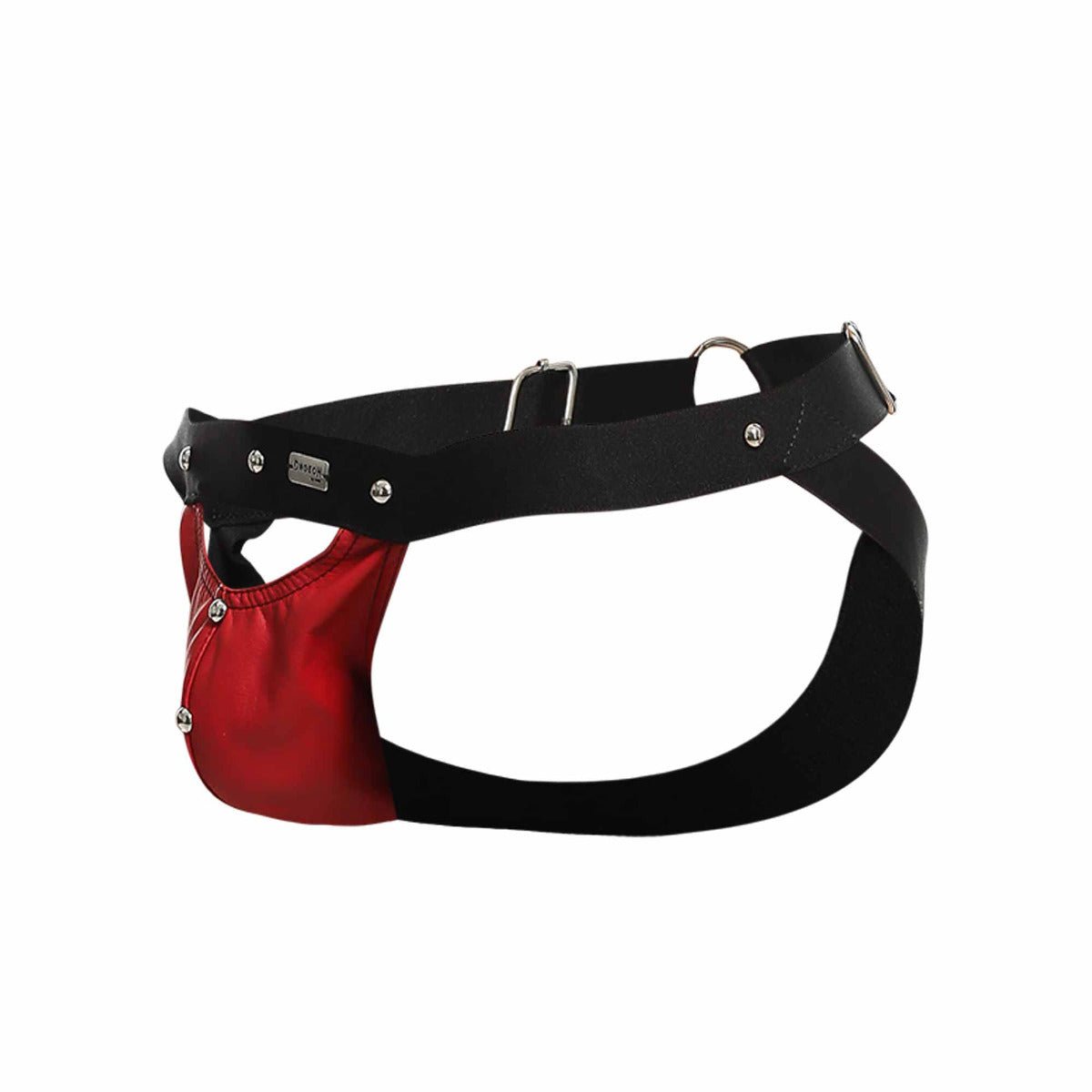 Black and red leather harness jockstrap with silver-toned metal hardware by dngeon peekaboo design