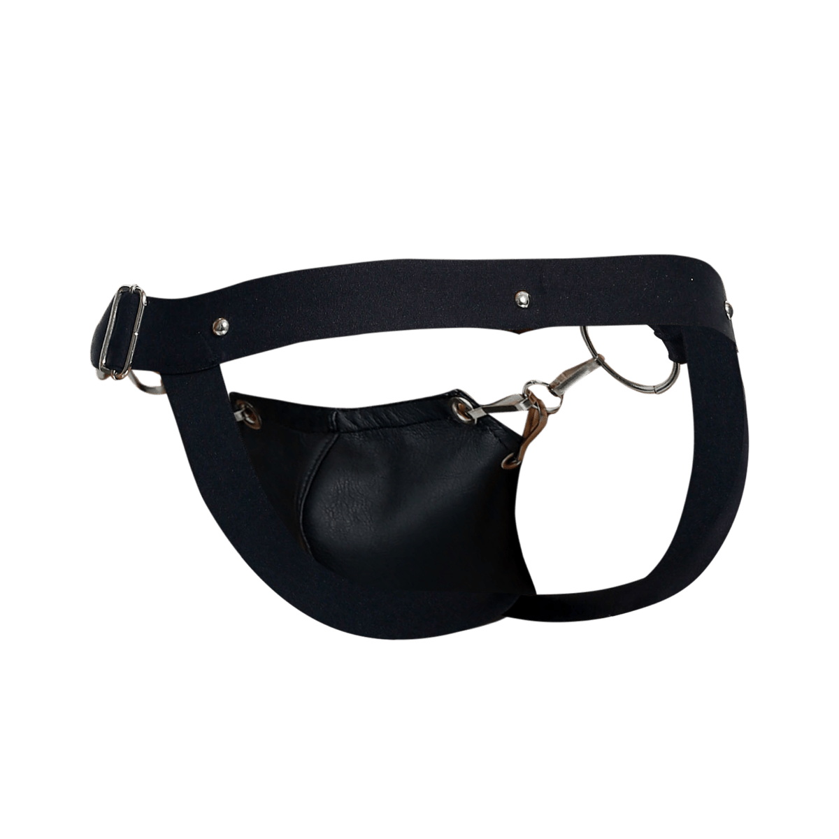 Black leather fanny pack with silver toned buckle and metal hardware featured with DNGEON Snap Jockstrap design
