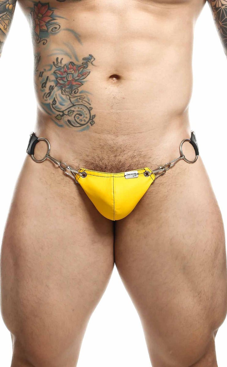 Bright yellow dngeon snap jockstrap thong with metallic chain and ring attachments high-cut design