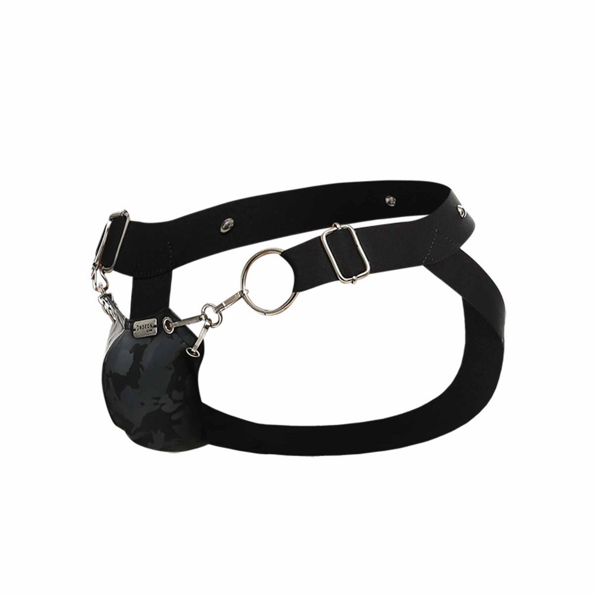 Black leather dngeon snap jockstrap with silver metal hardware and camouflage pouch attached by chains