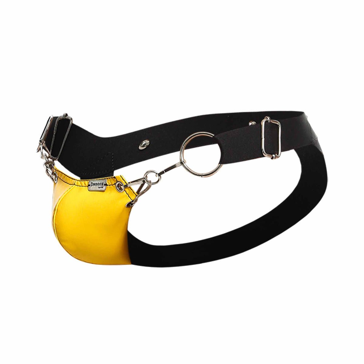 Black leather snap jockstrap with bright yellow pouch attached by silver chains and hardware from DNGEON