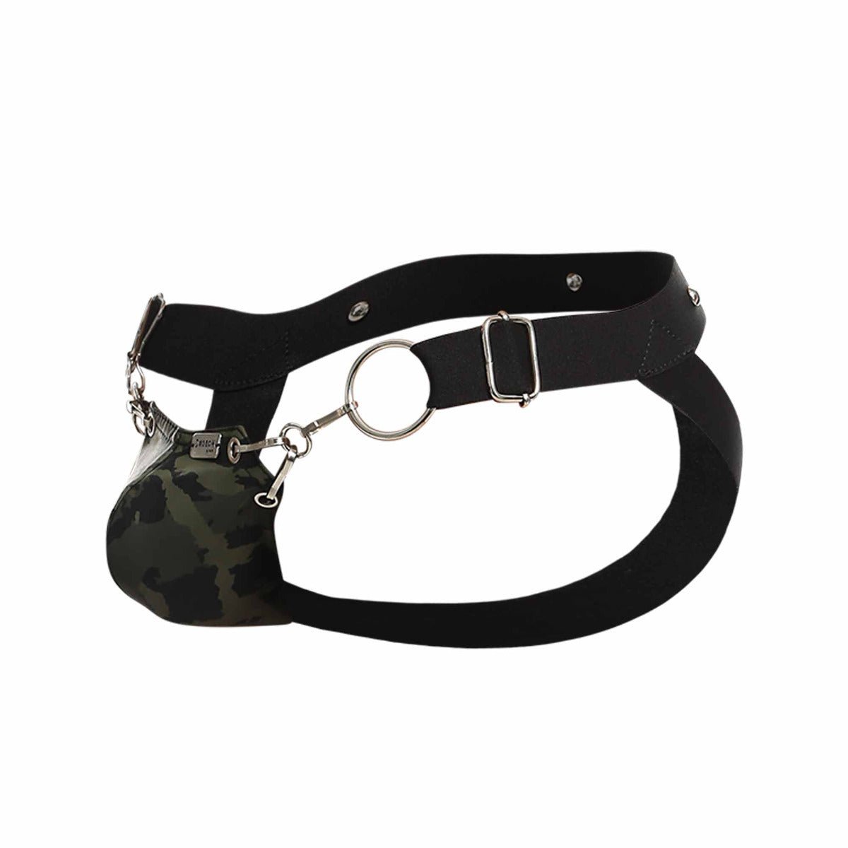 Black leather dngeon snap jockstrap with silver metal hardware and camouflage pouch for secure fit and style