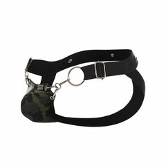 Black leather dngeon snap jockstrap with silver metal hardware and camouflage pouch for secure fit and style