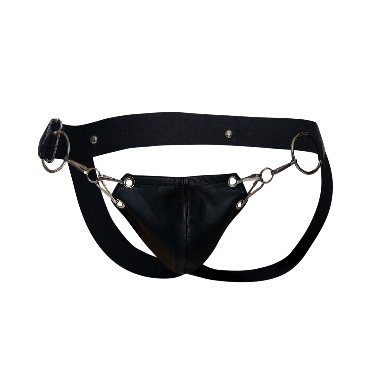 Black leather harness with metallic horsebit-style hardware from dngeon snap jockstrap product line