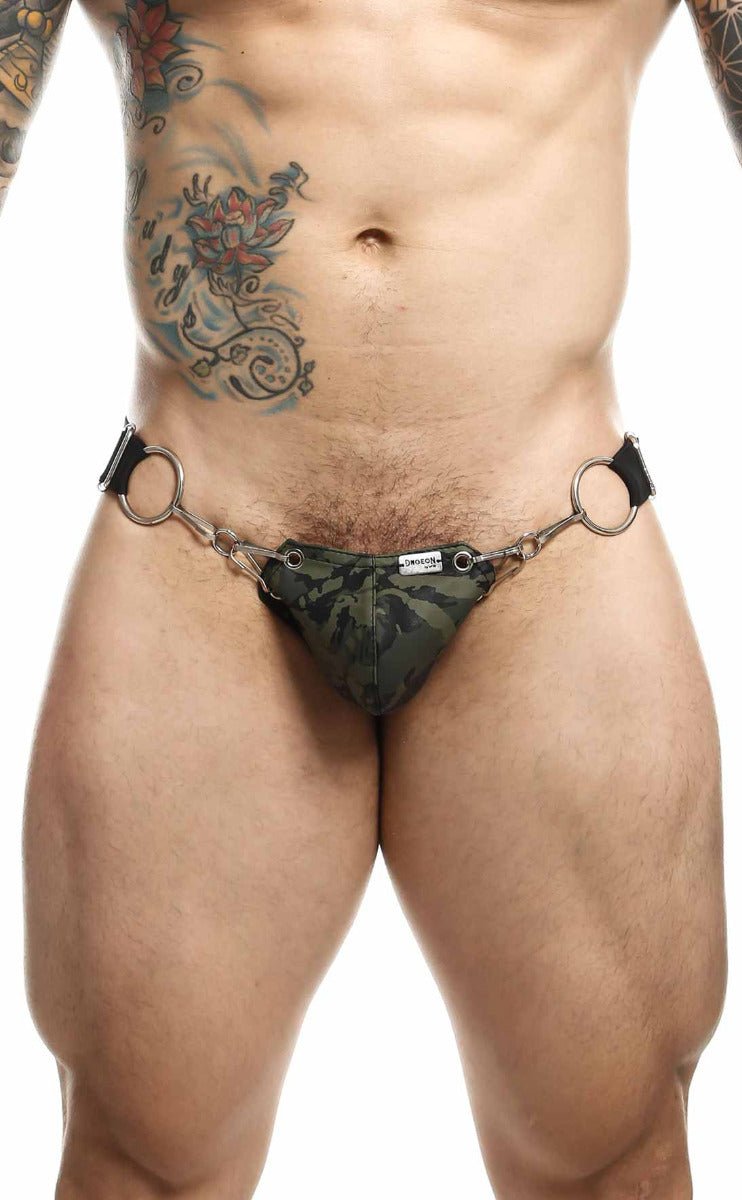 Dngeon snap jockstrap camouflage thong with black leather straps and metal rings shown from the back side