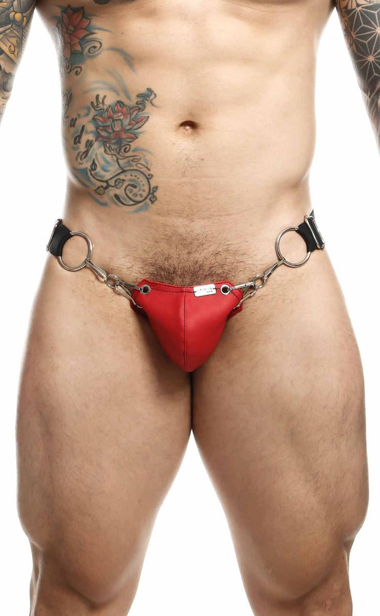 Red leather DNGEON snap jockstrap briefs with black straps and metal rings showing front view
