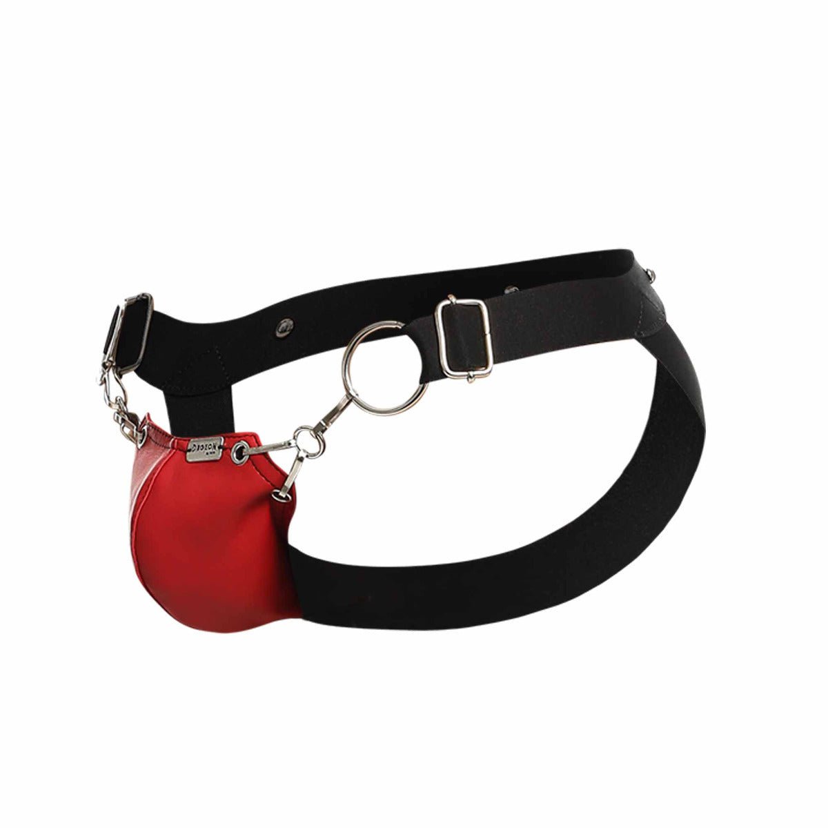 Red glossy leather pouch attached to black elastic belt with silver hardware on the dngeon snap jockstrap