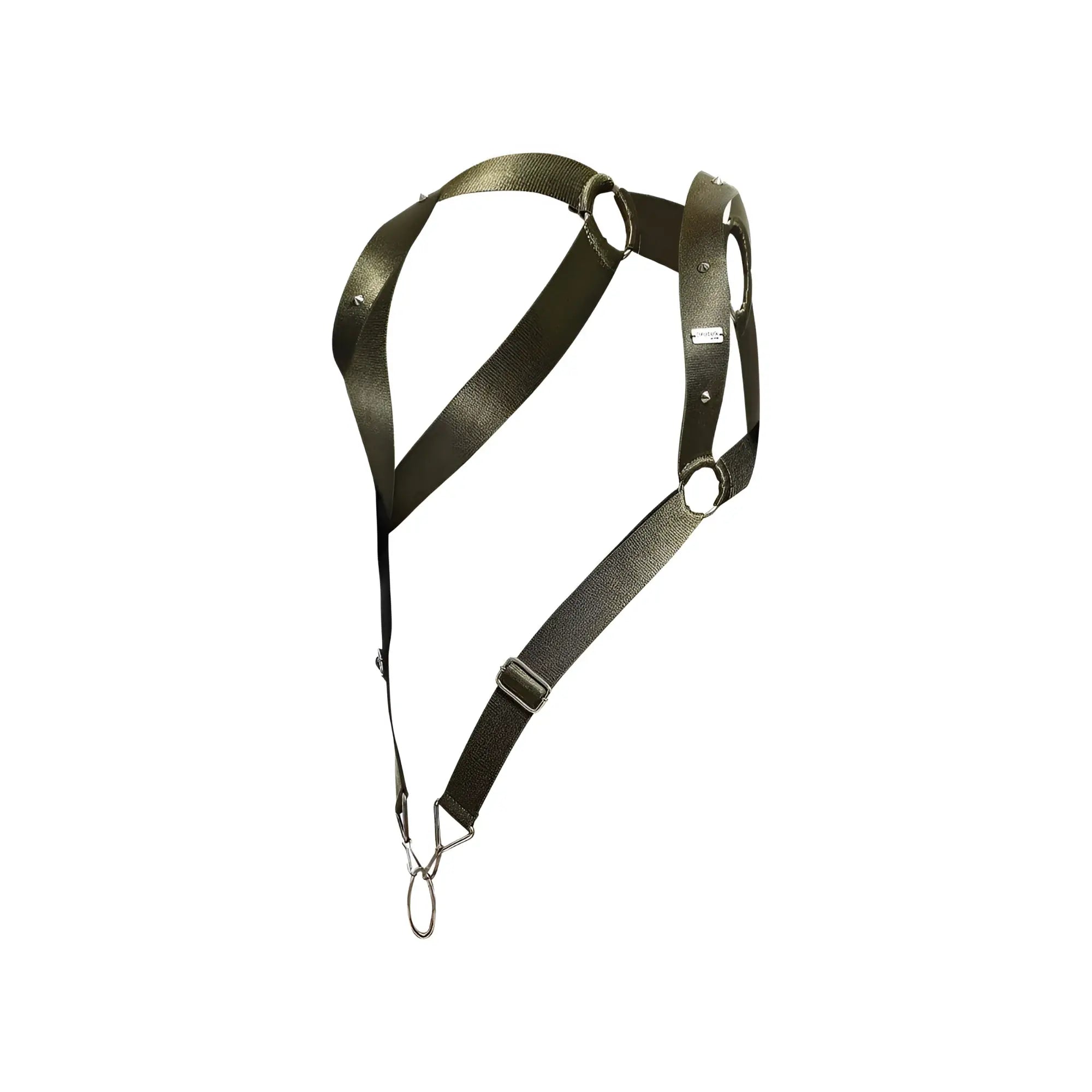 Dngeon straight back harness in dark olive green nylon with metal rings and hook visible from the back side