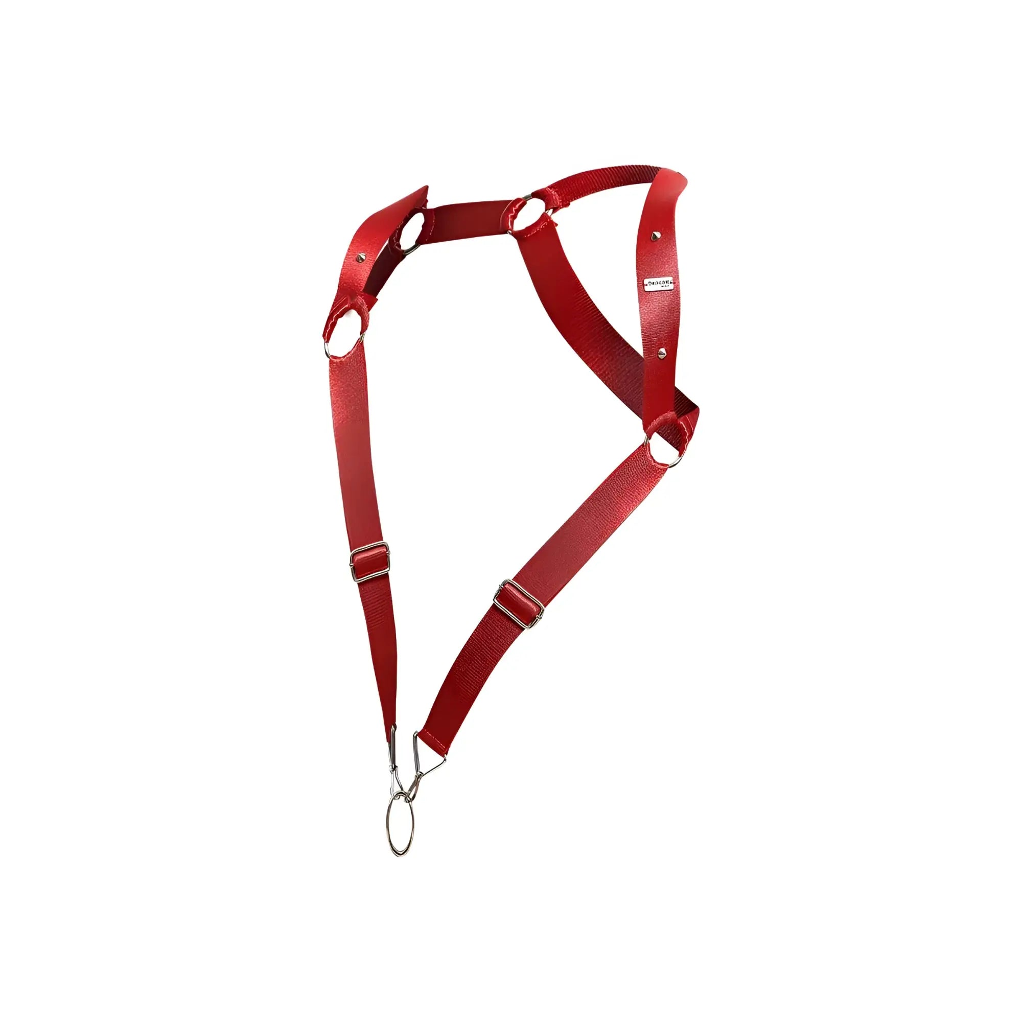 Red leather dog harness with metal hardware and adjustable straps shown from the back side for DNGEON straight back harness