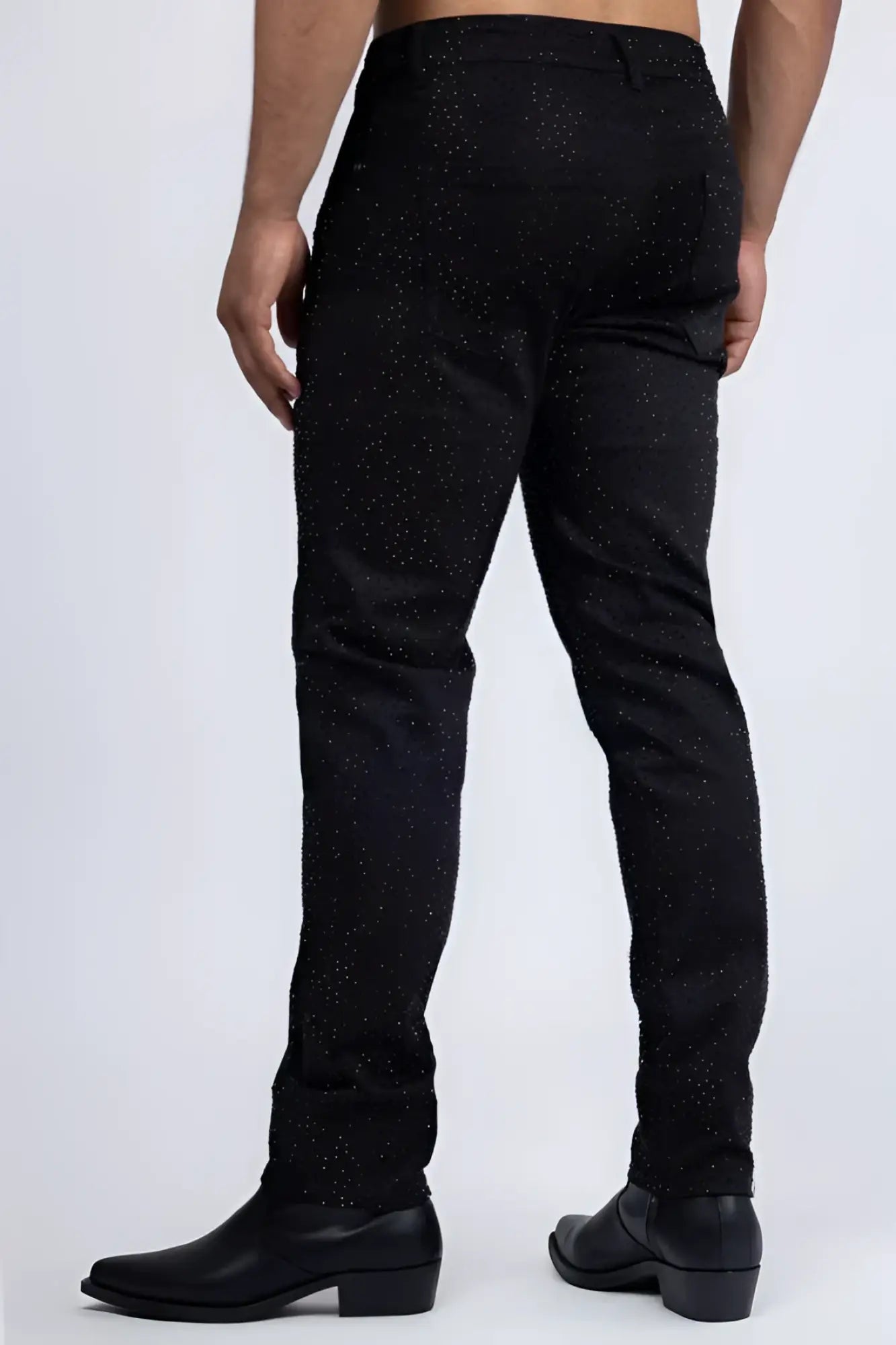 Black dolorosa rhinestone jeans with subtle glittery speckle pattern on denim fabric