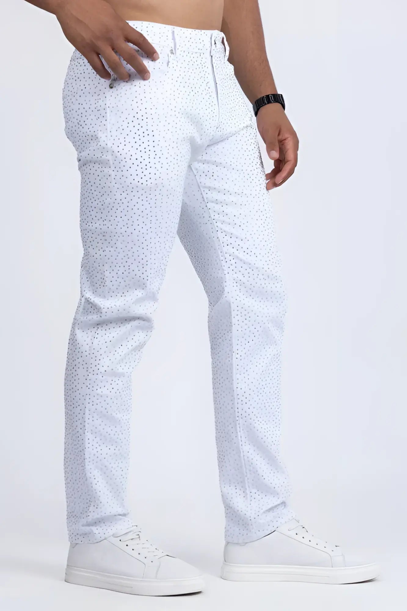White dolorosa rhinestone jeans with subtle dotted pattern made of lightweight fabric for stylish comfort