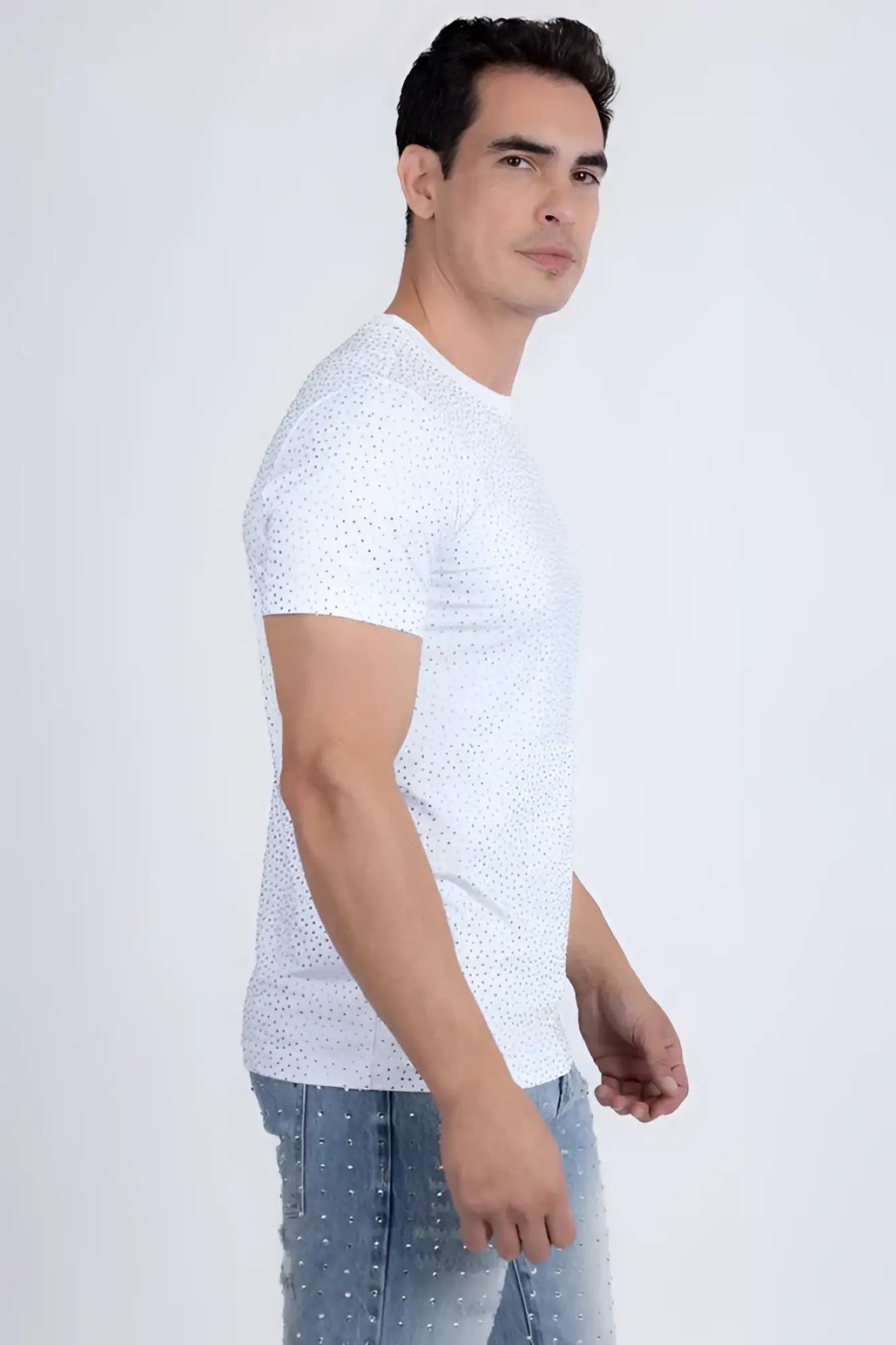 White dolorosa rhinestone t-shirt with subtle dotted pattern and short sleeves made from soft cotton material