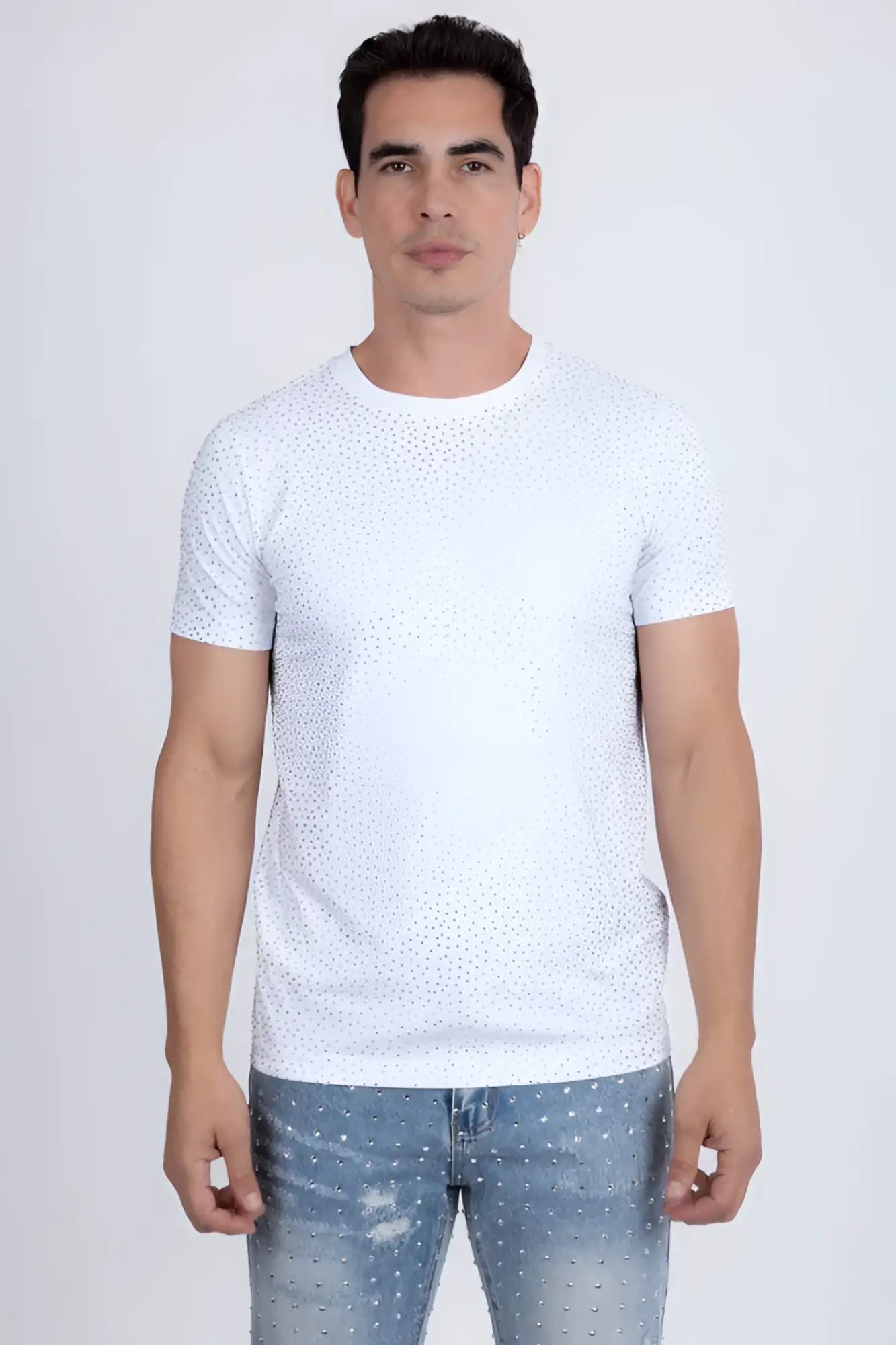 White short-sleeved dolorosa rhinestone t-shirt with a subtle dotted pattern and sparkling rhinestone details