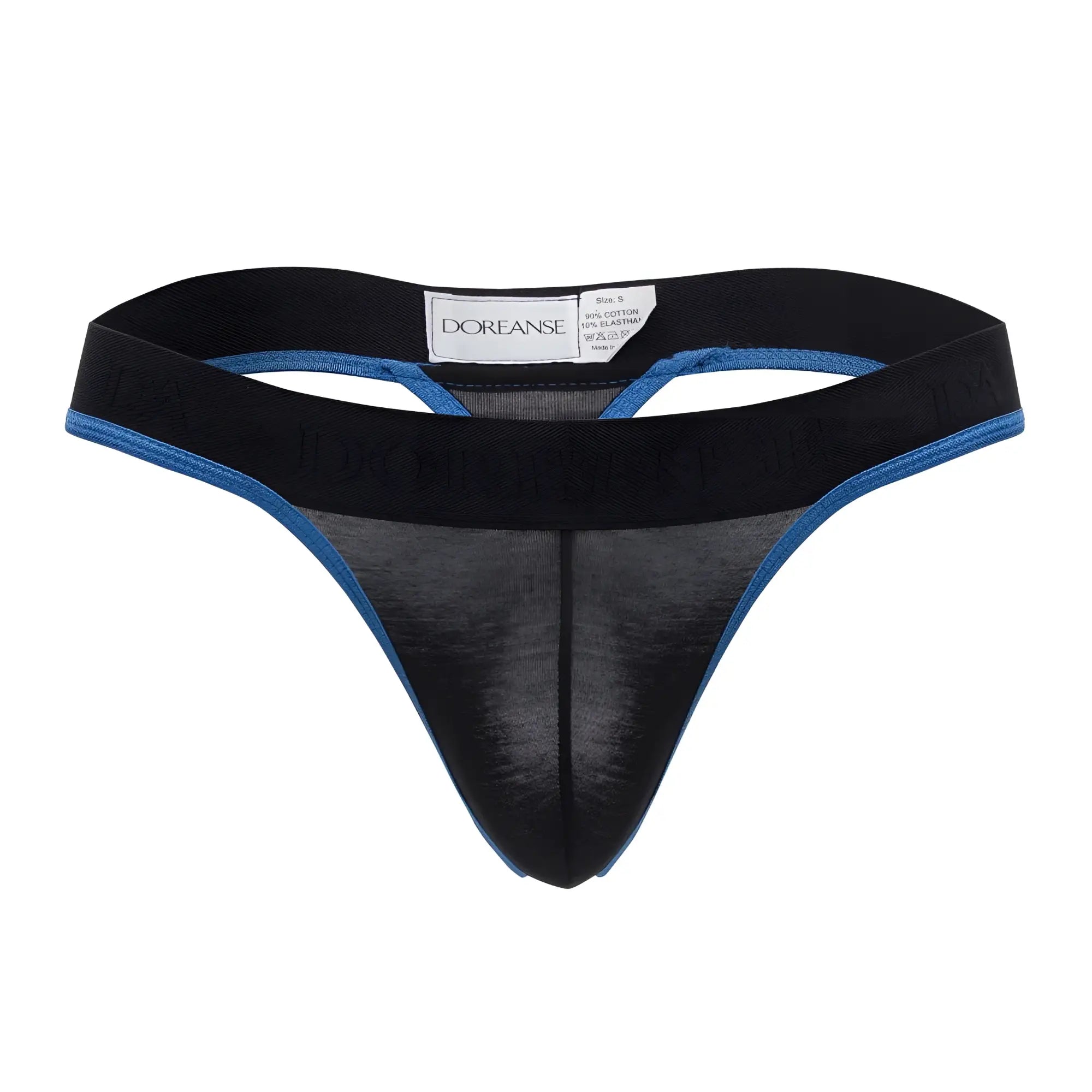 Black and blue doreanse 1012-blk borderline thong with sheer mesh front panel in black color