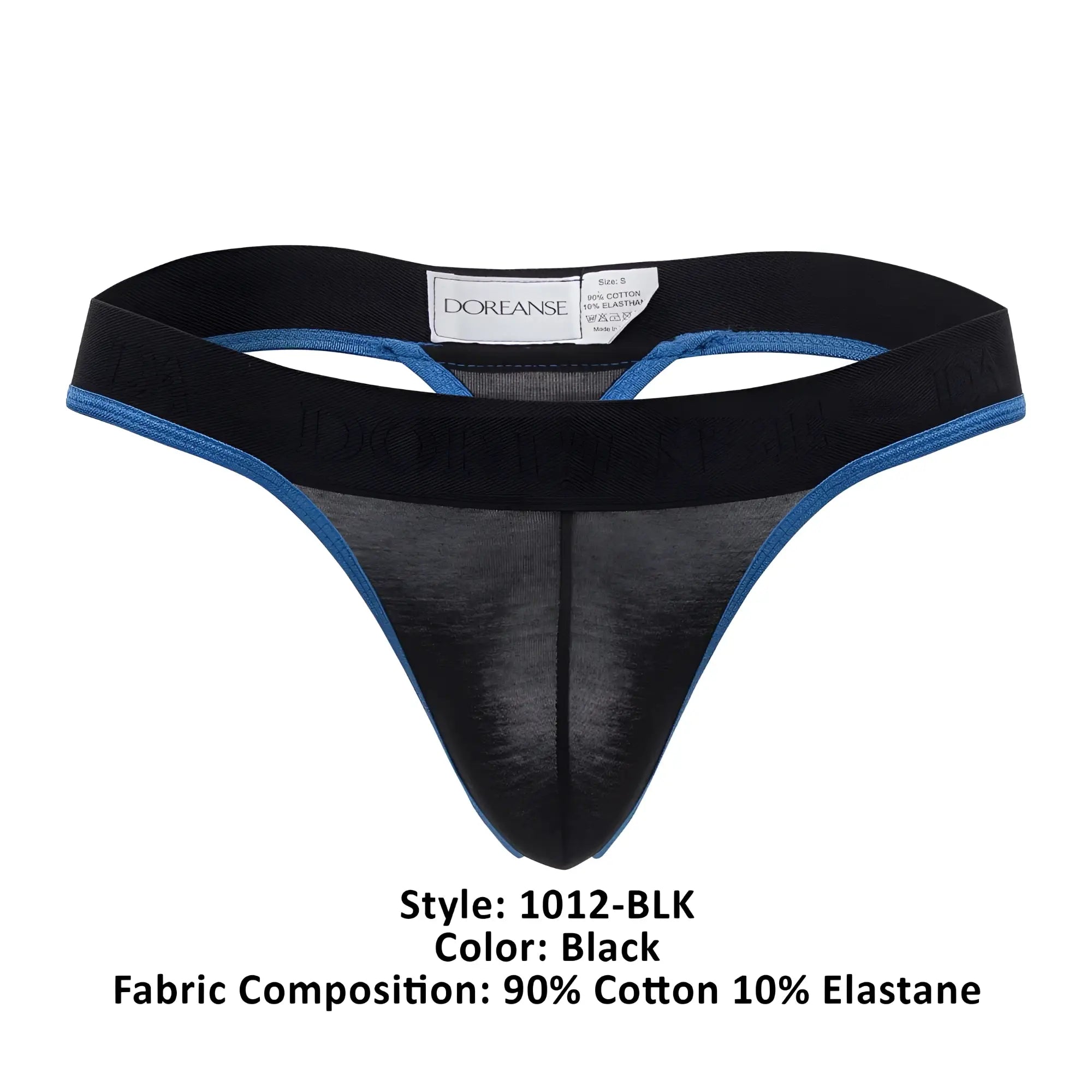 Black doreanse 1012 borderline thong with blue trim and sheer mesh front panel for stylish comfort