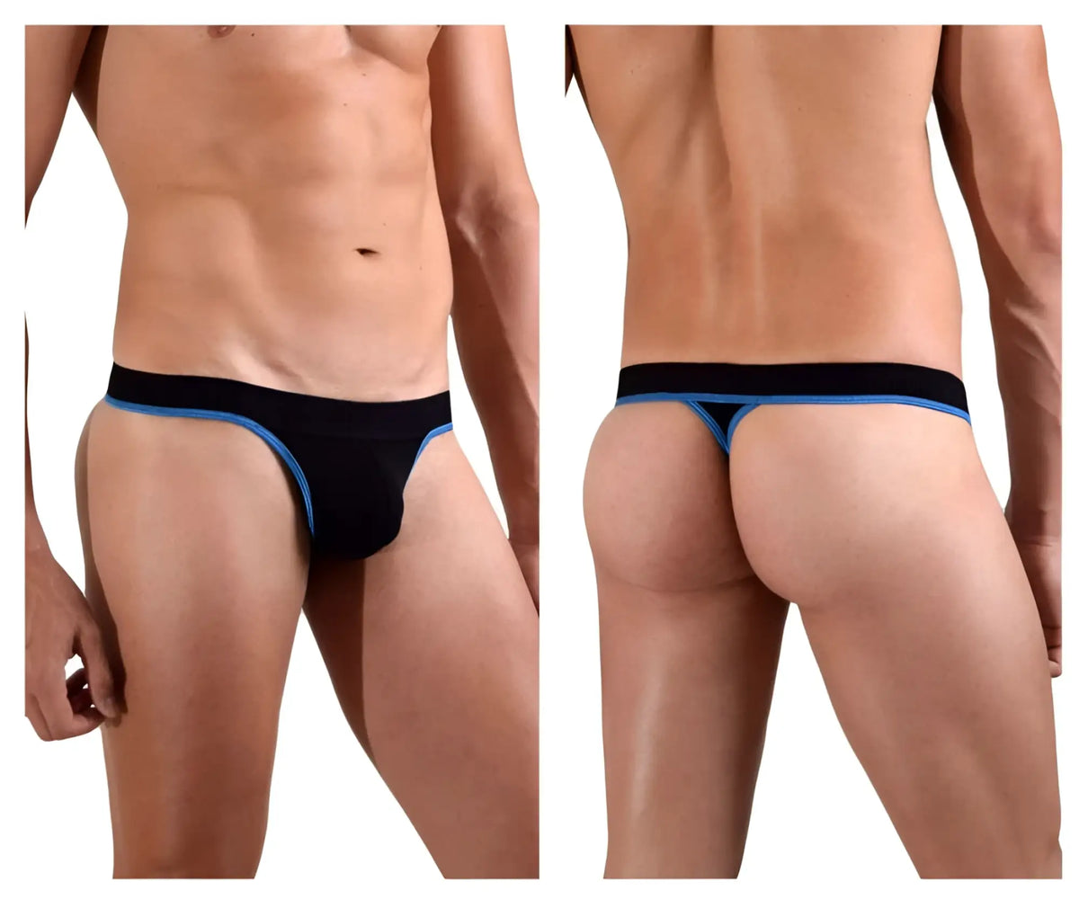 Black Doreanse 1012-BLK borderline thong with blue trim showing front side in comfortable soft fabric