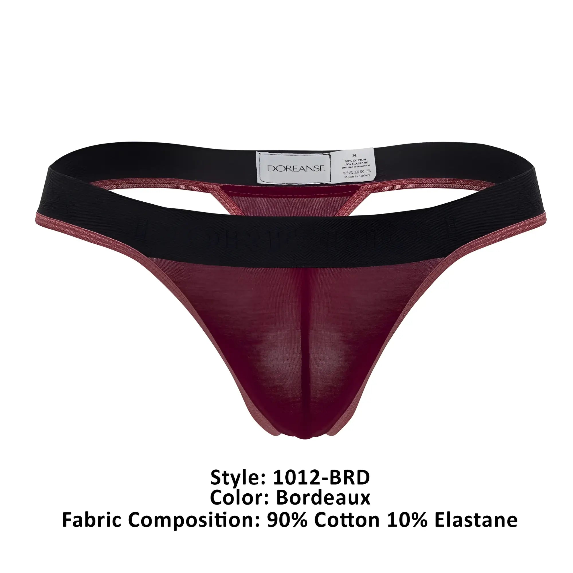 Bordeaux doreanse 1012-brd thong made of 90% cotton 10% elastane with black elastic waistband shown from the back