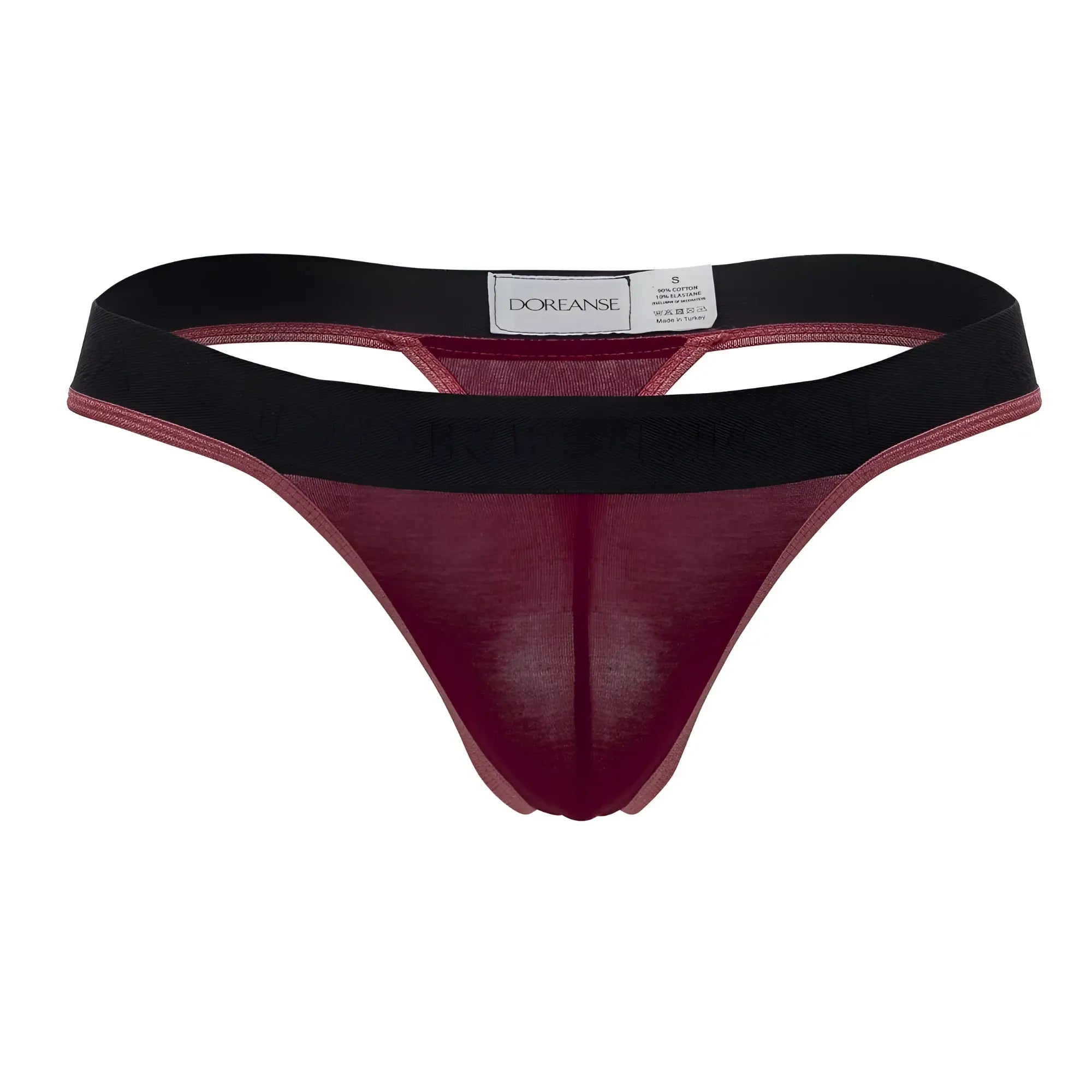 Doreanse 1012-BRD borderline men’s thong in sheer maroon fabric with black elastic waistband front view