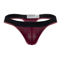 Doreanse 1012-BRD borderline men’s thong in sheer maroon fabric with black elastic waistband front view