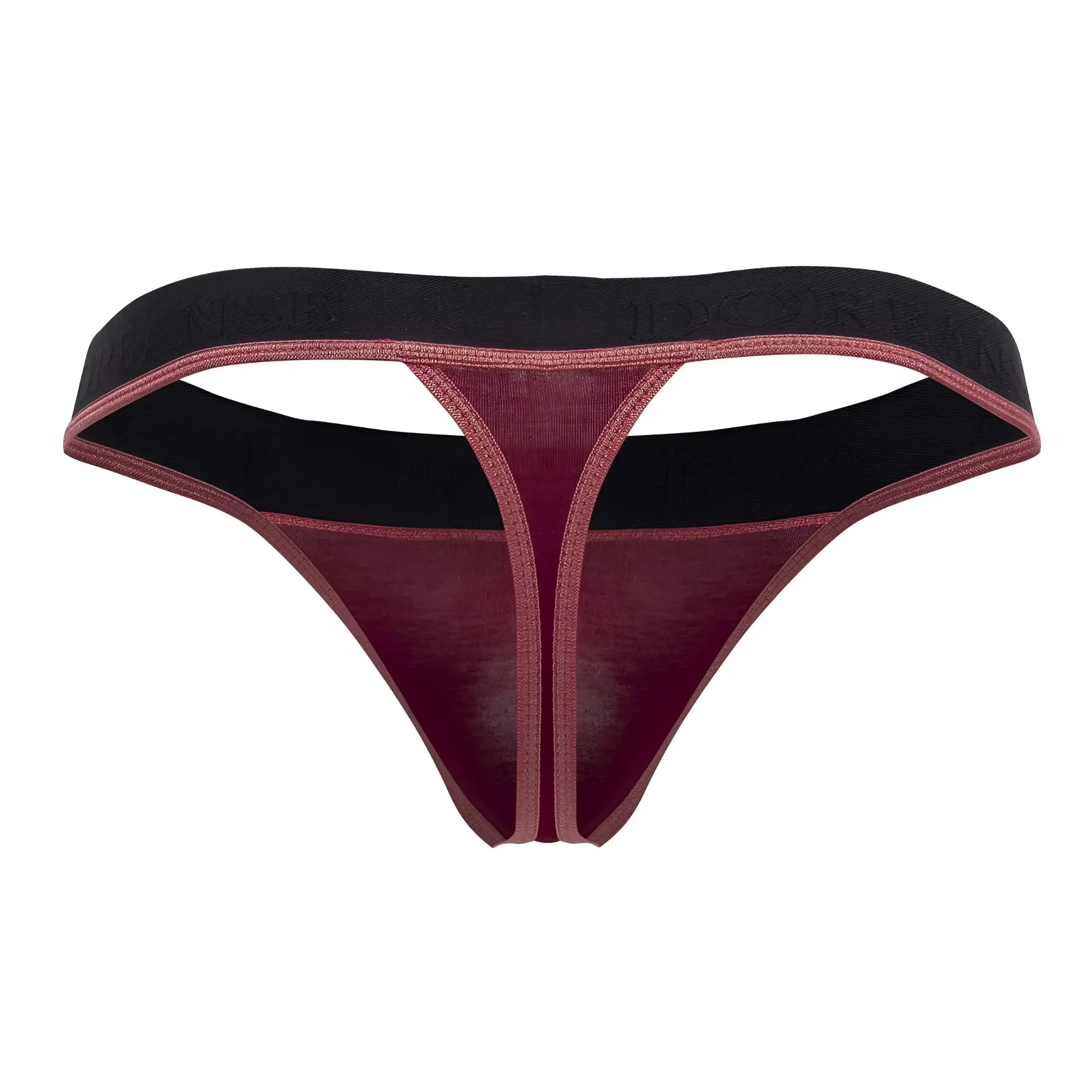 A maroon and black doreanse 1012-brd borderline thong with textured sheer fabric and embossed elastic waistband