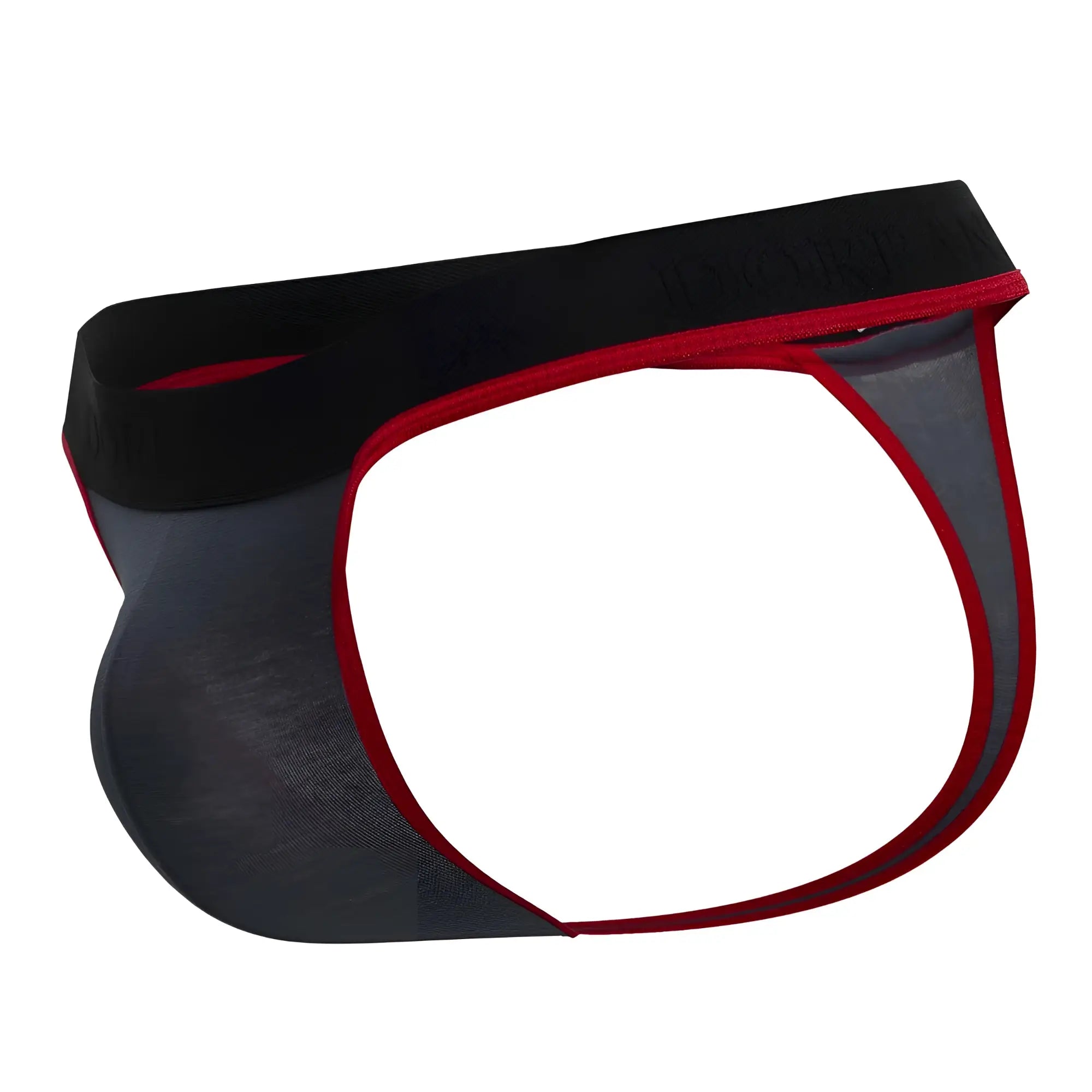 Doreanse 1012-CHR Borderline thongs in black and red mesh with a solid black waistband for comfortable wear