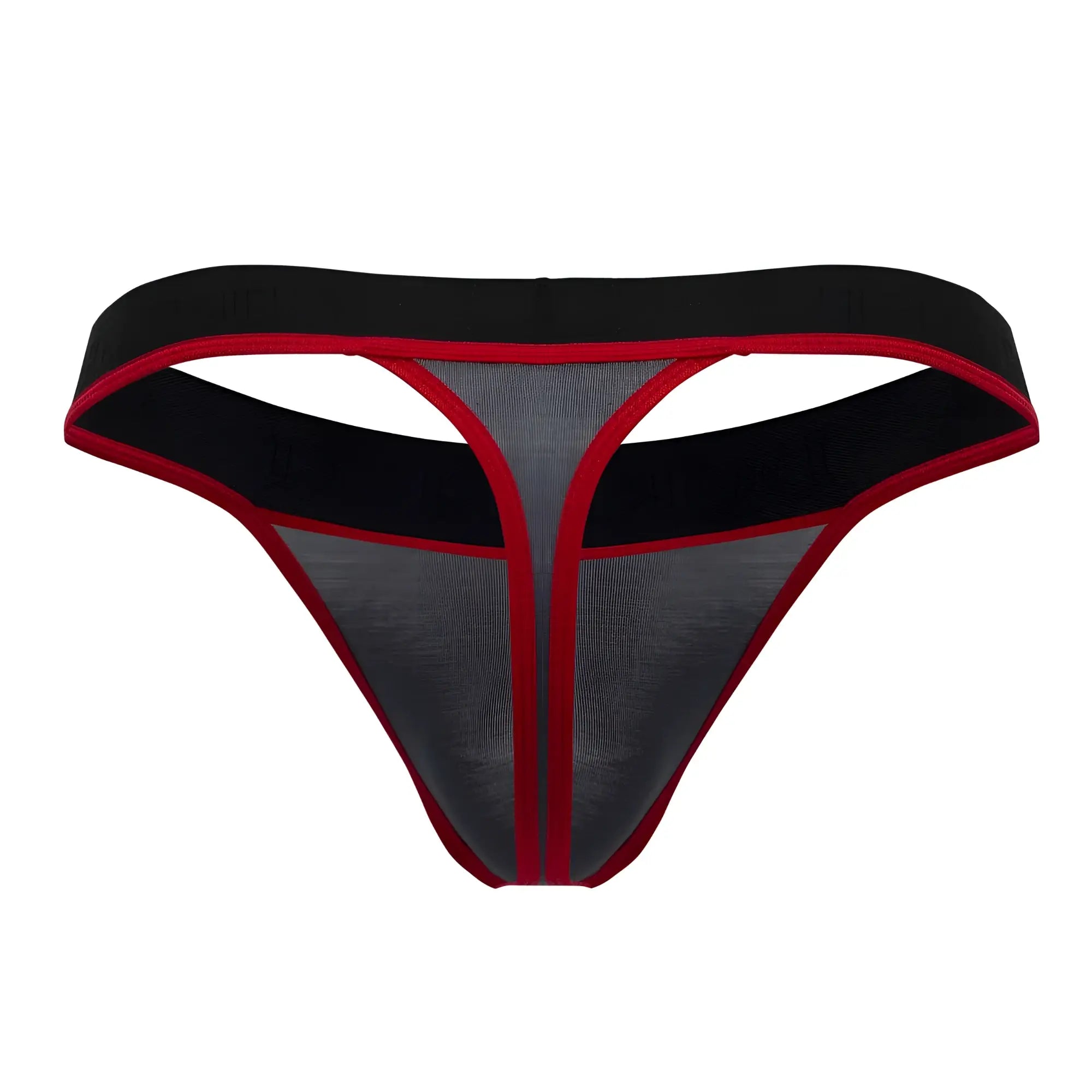 Doreanse 1012-CHR borderline thong in charcoal black and red mesh with supportive elastic waistband front view