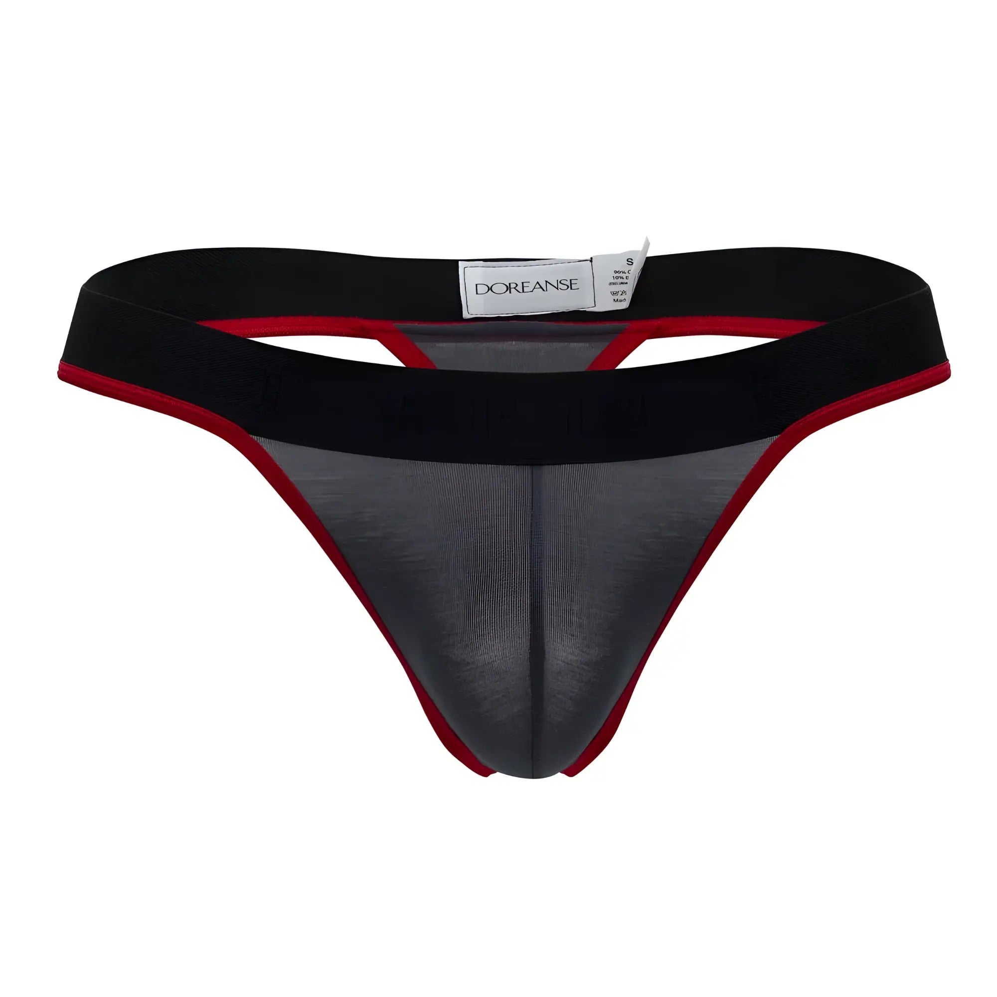 Black and red mesh thong with branded label in charcoal doreanse 1012 chr borderline thongs product image