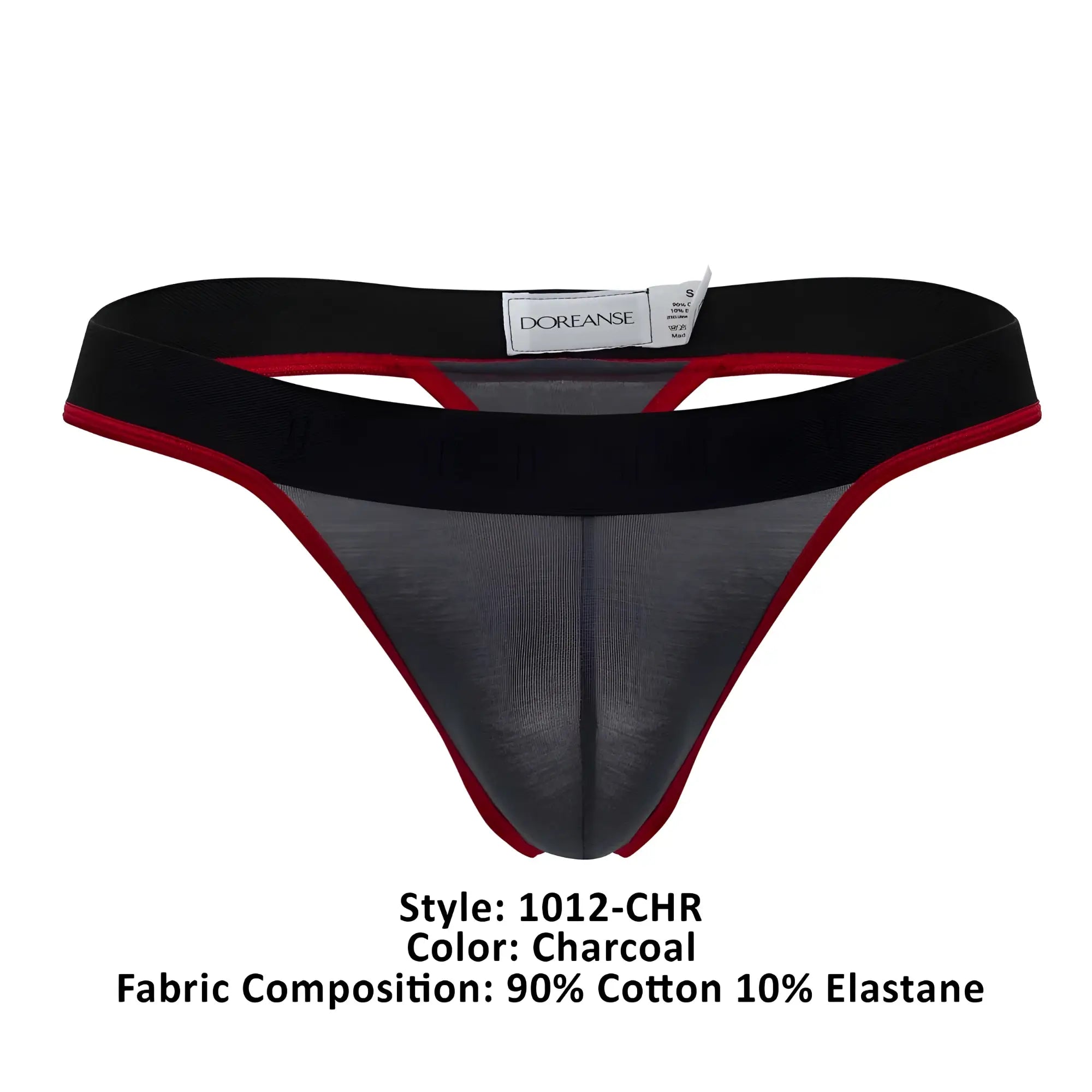 Charcoal doreanse 1012-chr borderline thong with black elastic waistband and red trim shown from the back side