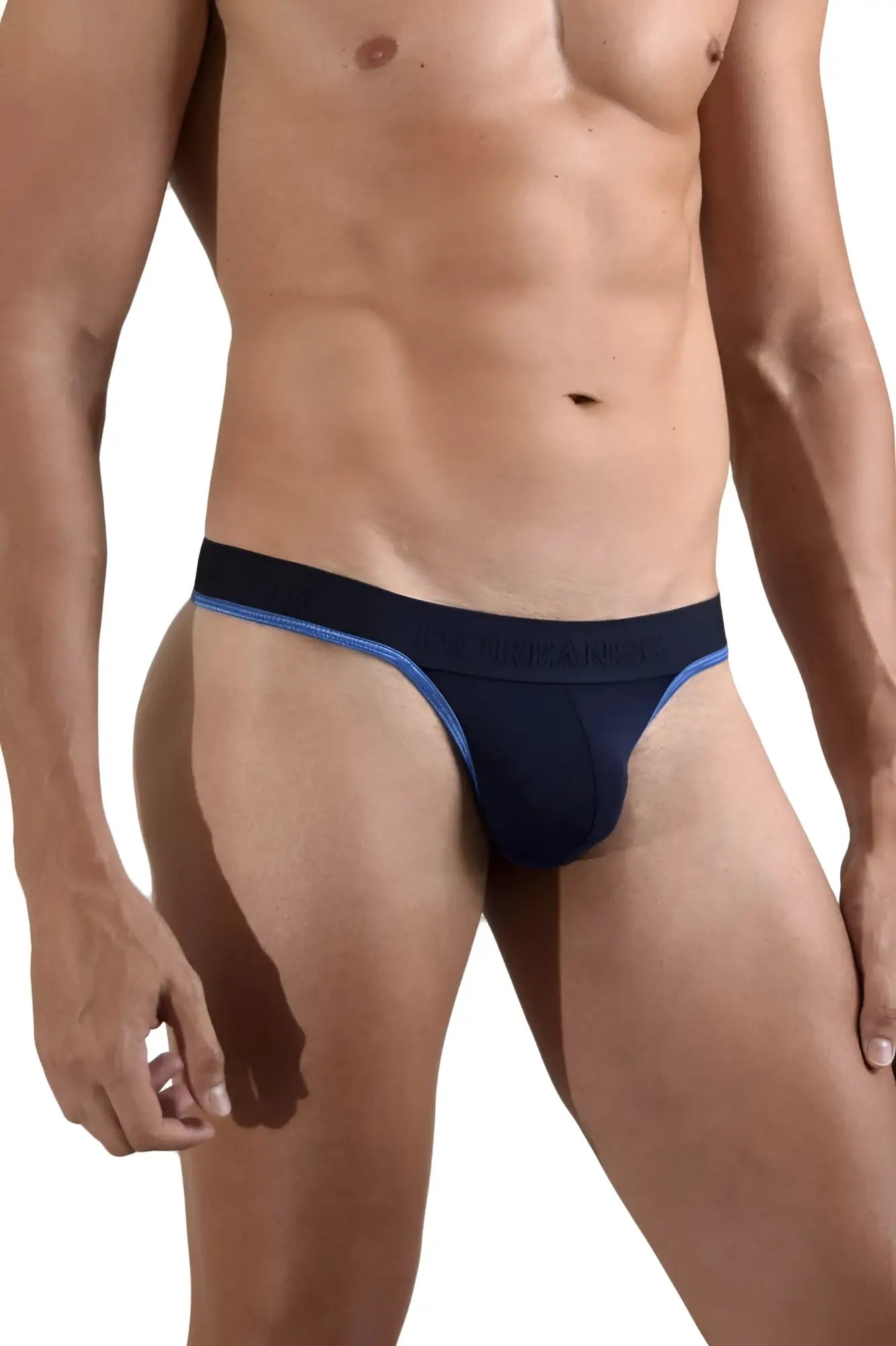Navy blue doreanse 1012-nvy borderline thong with light blue trim featuring breathable athletic fabric for active wear