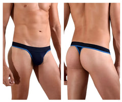 Navy blue thong with light blue trim along waistband and leg openings doreanse 1012-nvy borderline thongs color navy