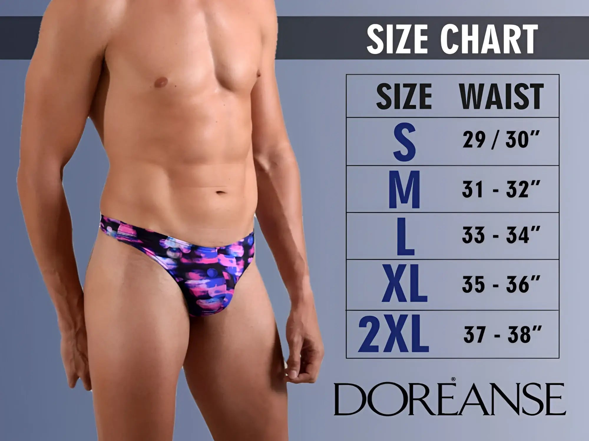 Vibrant purple and blue abstract patterned men’s briefs by Doreanse in navy for comfortable underwear wear