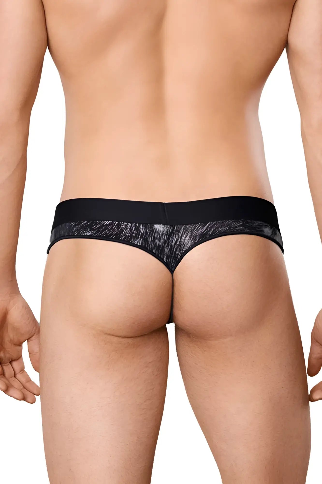 Doreanse 1208-prn nebula thong with black and gray patterned fabric and solid black waistband shown from the back