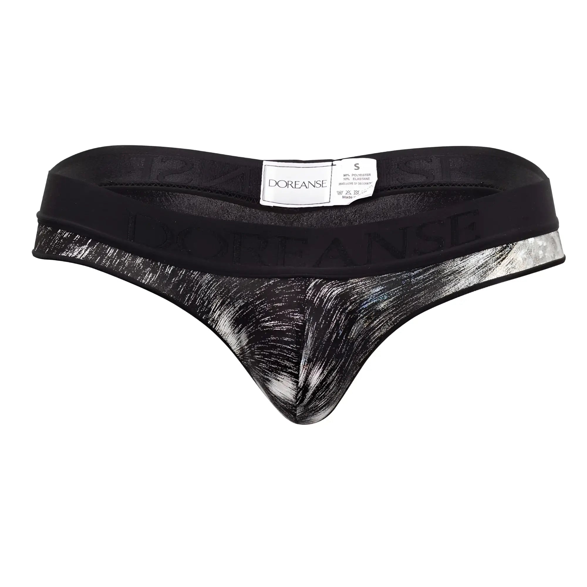 Doreanse 1208-PRN nebula thong in black and silver abstract brushstroke print with branded waistband front view