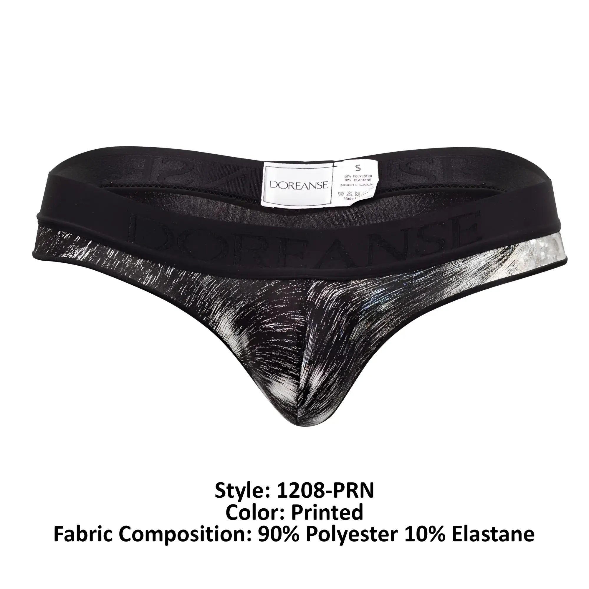 Black and silver printed thong with textured brushstroke pattern on fabric from Doreanse 1208-PRN Nebula thongs collection
