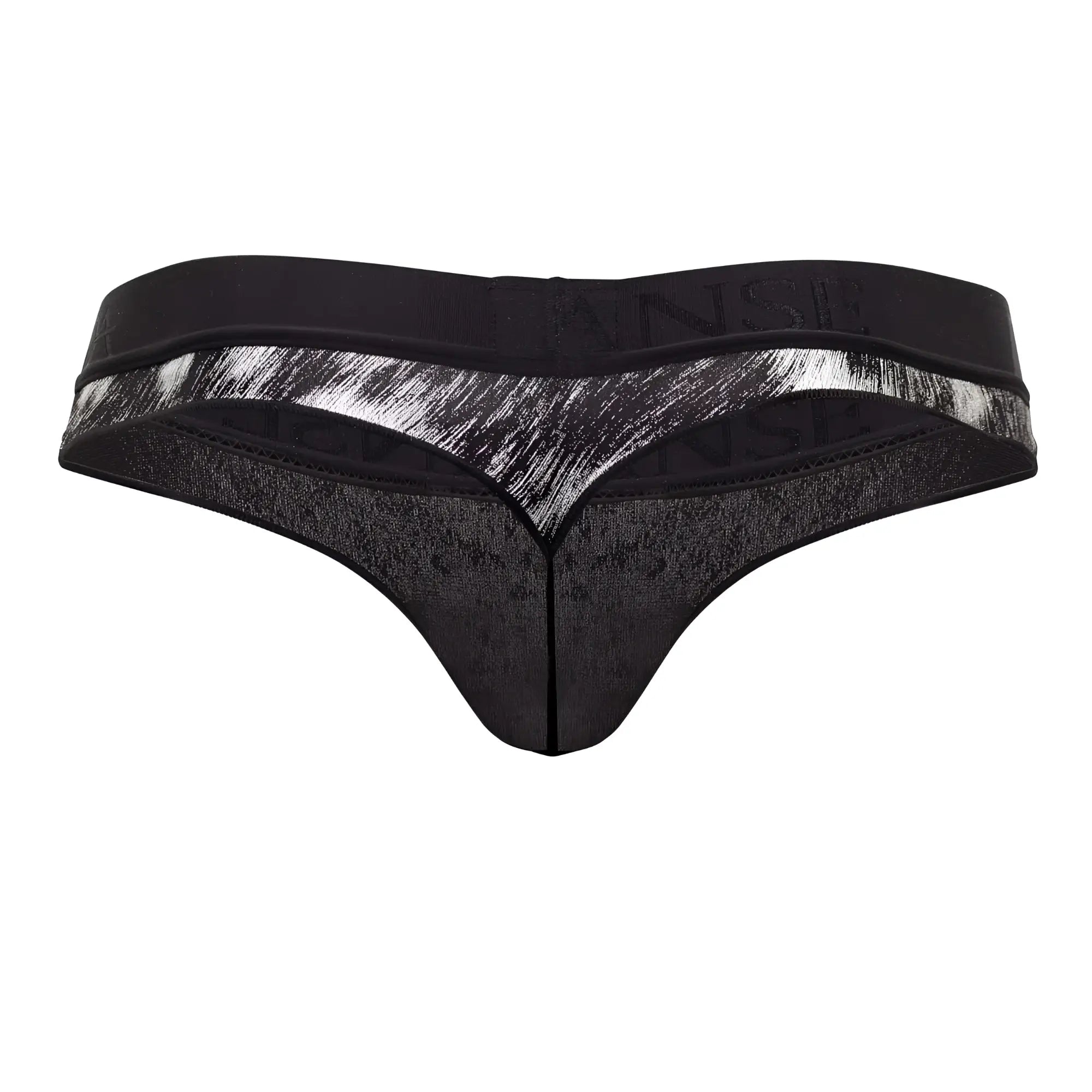 Black doranse nebula thong with silver brushstroke waistband pattern and subtle wense branding on front side