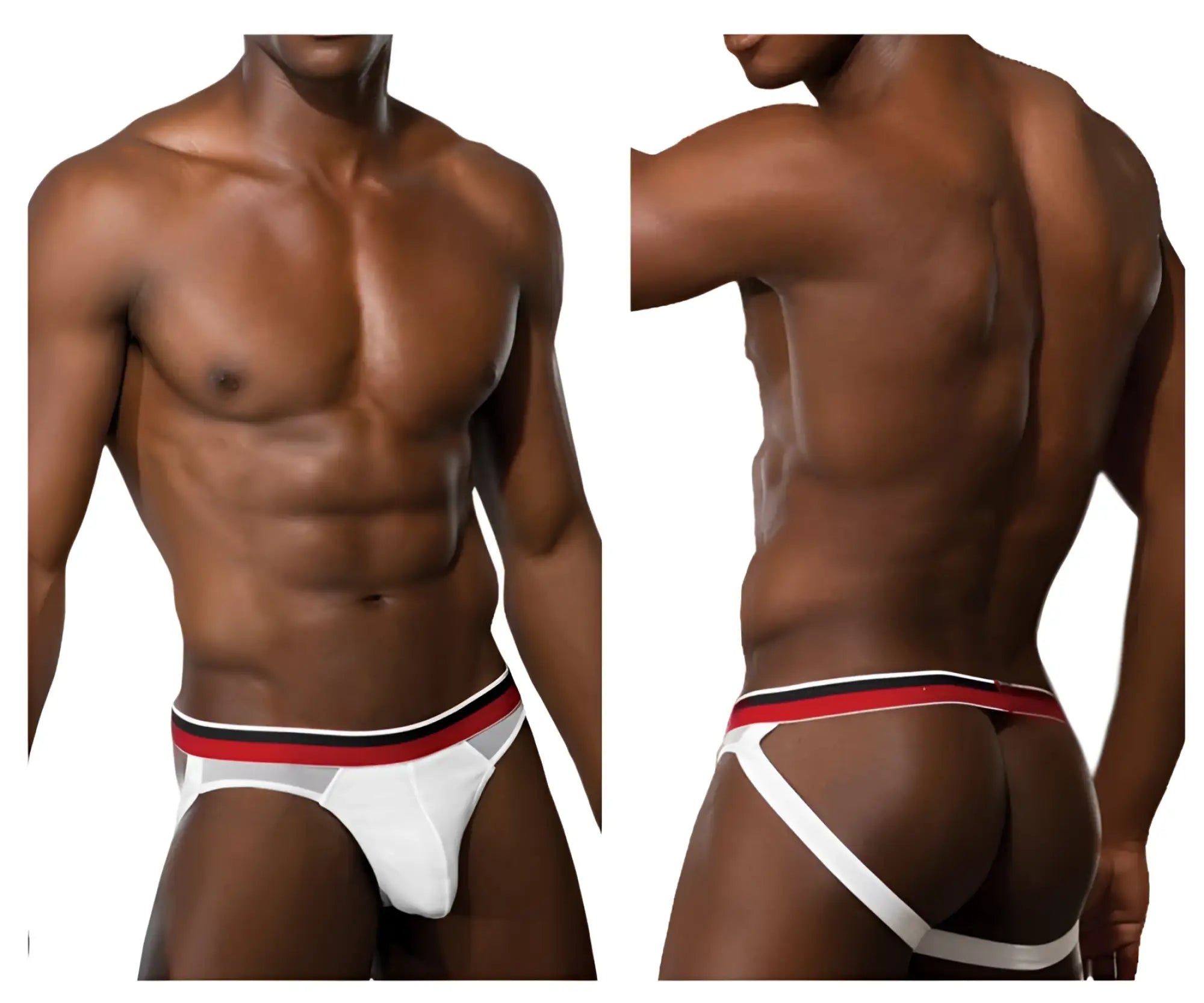 White Doreanse 1212-WHT Metro jock athletic briefs with red and black striped waistband and white side straps