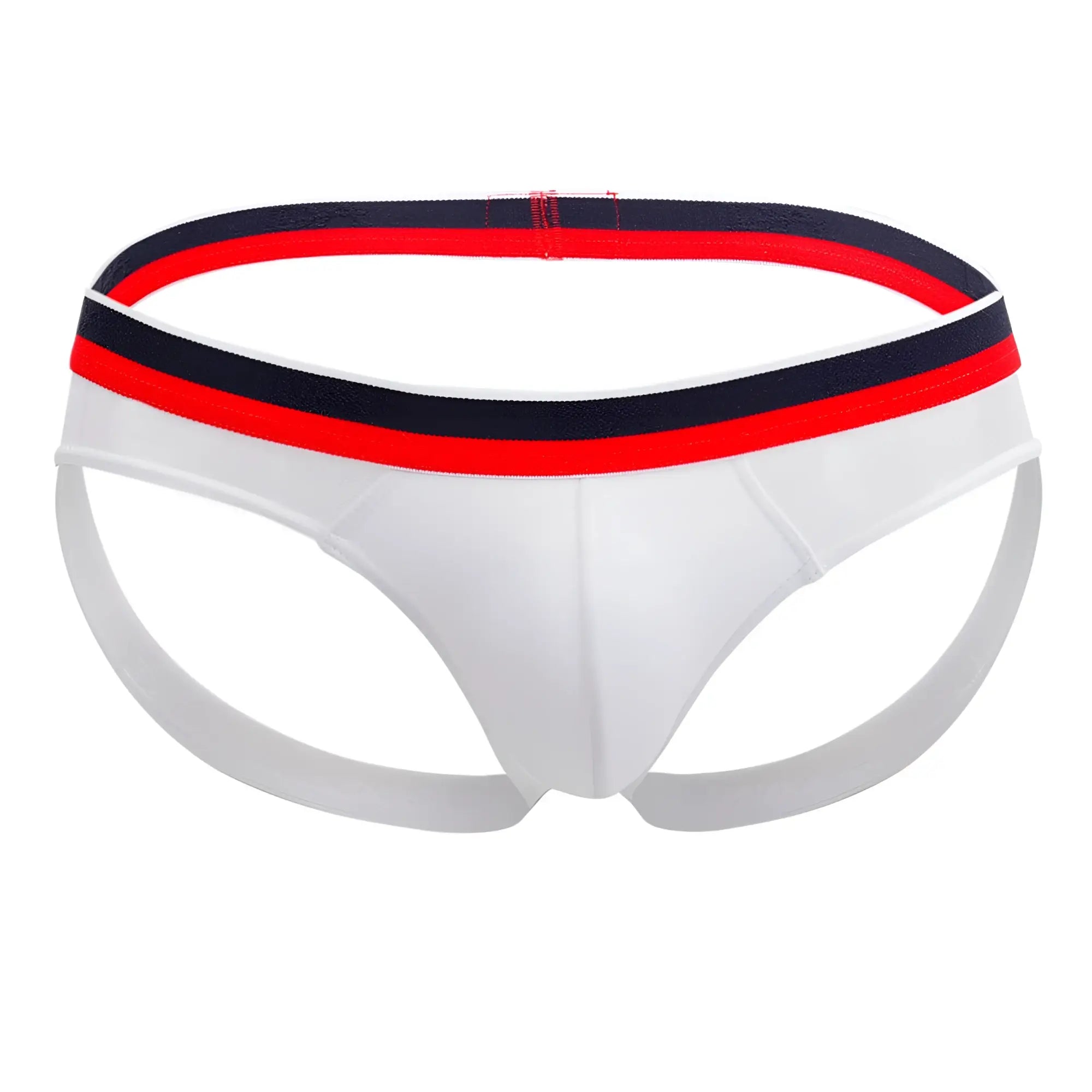 White athletic briefs doreanse 1212-wht metro jock with red and navy blue striped waistband front view